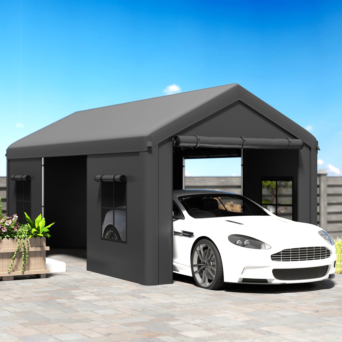 Outsunny 3 x 6 m Heavy Duty Carport Portable Garage Car Canopy Tent with Galvanised Frame Doors Windows Dark Grey