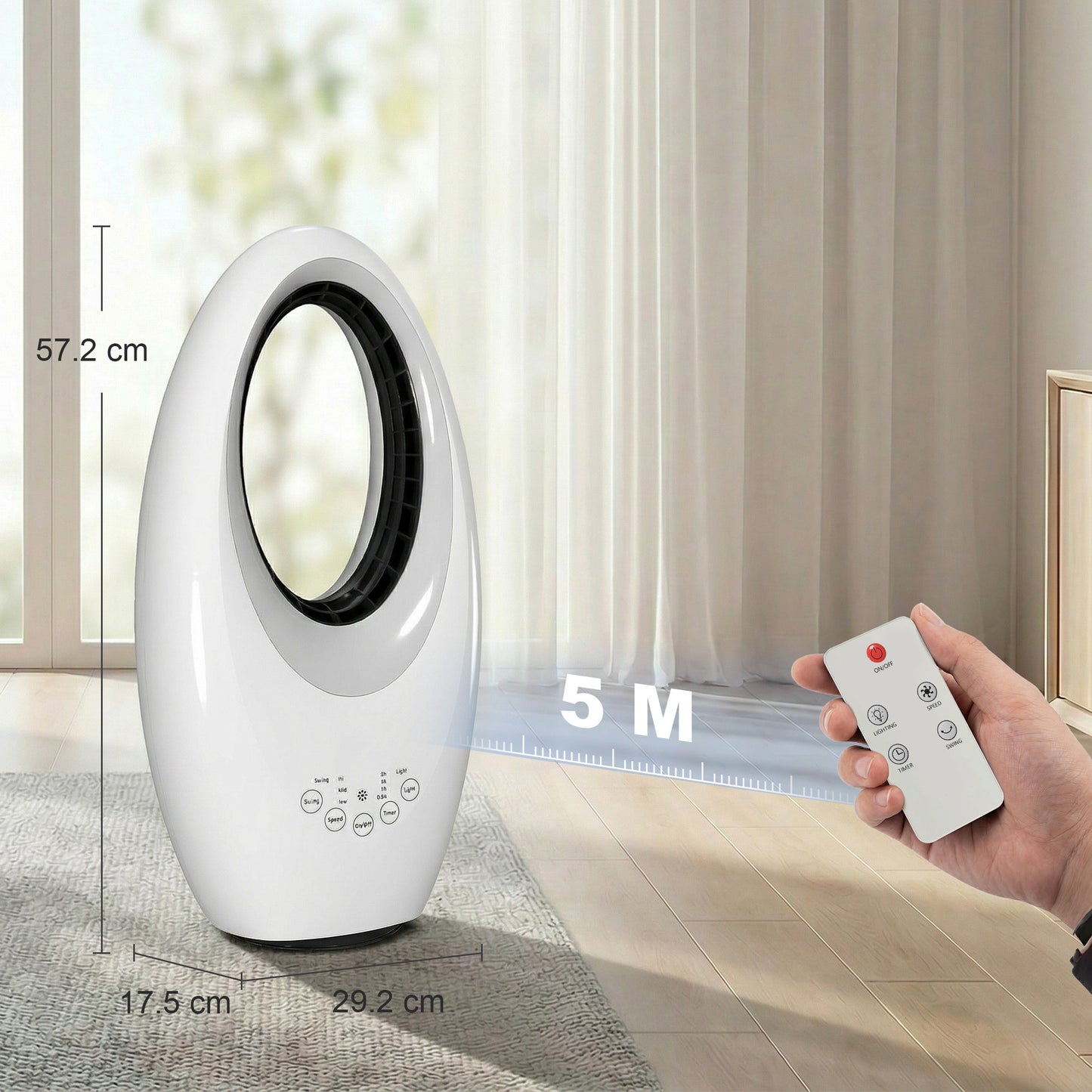 HOMCOM Bladeless Tower Fan Quiet 36dB With 60 Degree Oscillation LED Lights 3 Speeds 7.5H Timer Remote Control