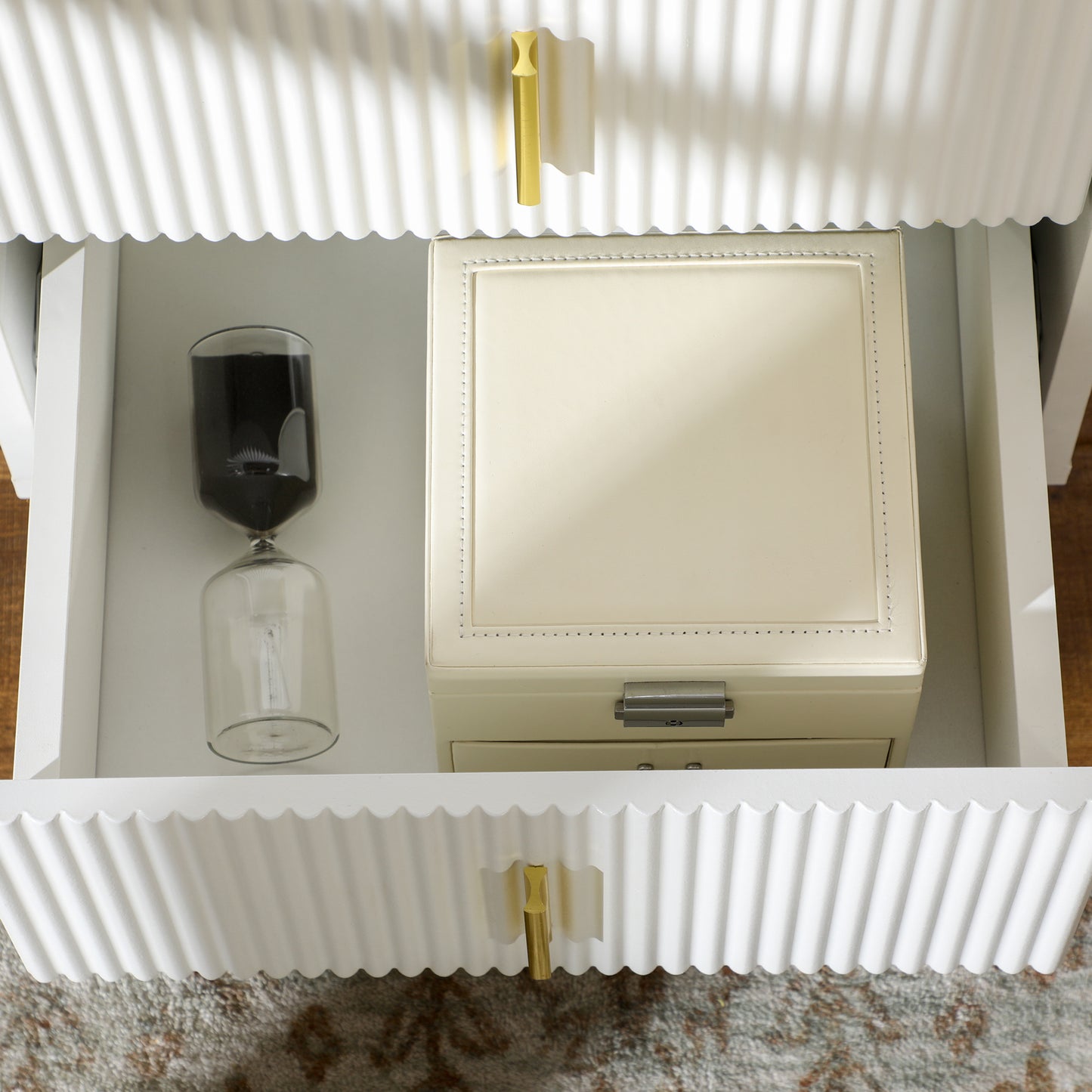 HOMCOM Set of 2 Two-Drawer Dressers in White with Gold-Tone Handles Ridged Fronts and Hairpin Legs