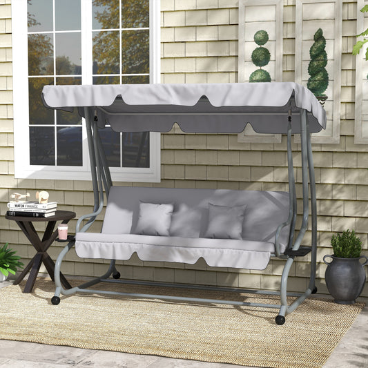 Outsunny Three Person Garden Swing Chair With Adjustable Canopy Light Grey Powder Coated Steel