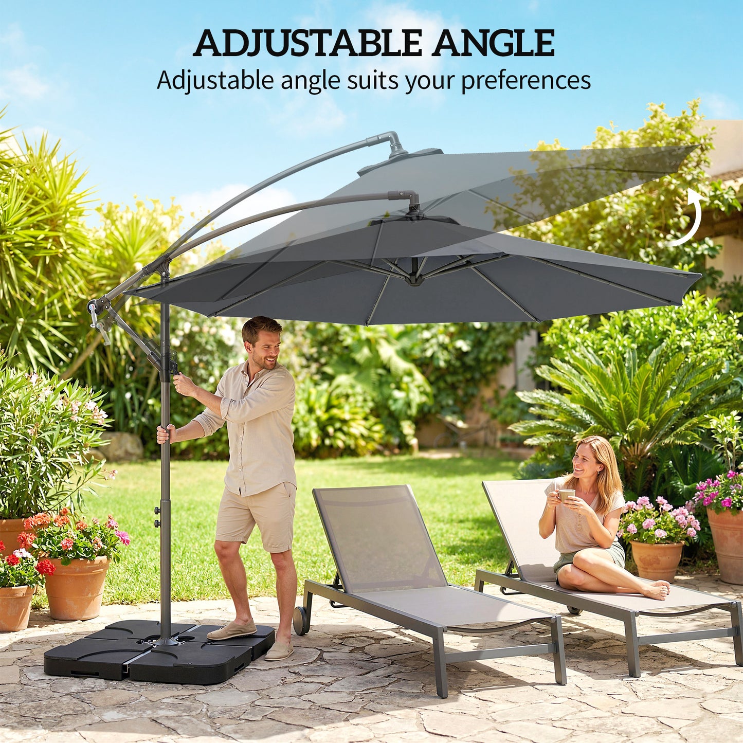 Outsunny 3m Overhanging Cantilever Parasol With Base Weights And Cover In Dark Grey