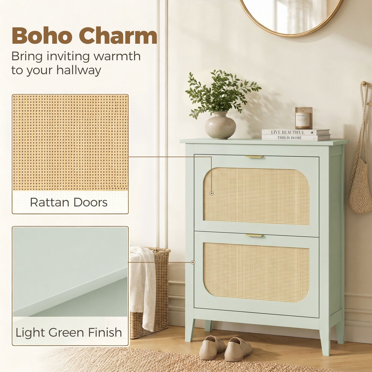HOMCOM Narrow Boho Shoe Cabinet With 2 Flip Drawers Holds 14 Pairs In Light Green Finish