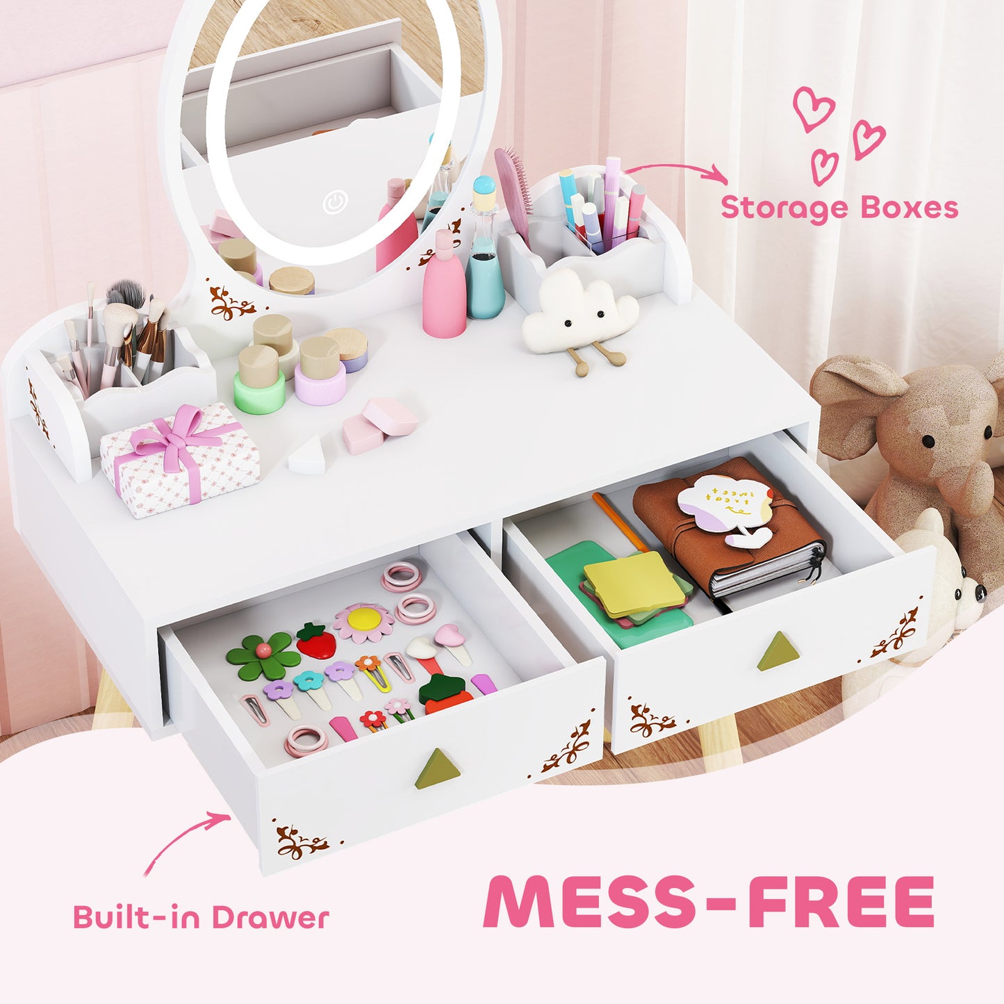 AIYAPLAY Kids Vanity Table And Chair Set With 3 Color LED Lights Mirror And Storage Drawers For Ages 3 And Up White