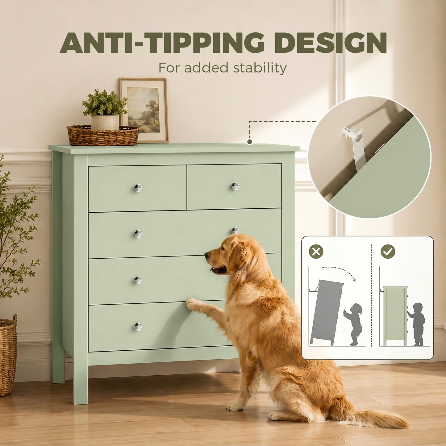 HOMCOM 5 Drawer Dresser Sage Green Modern Chest Of Drawers Wide Storage Unit For Bedroom Living Room Hallway