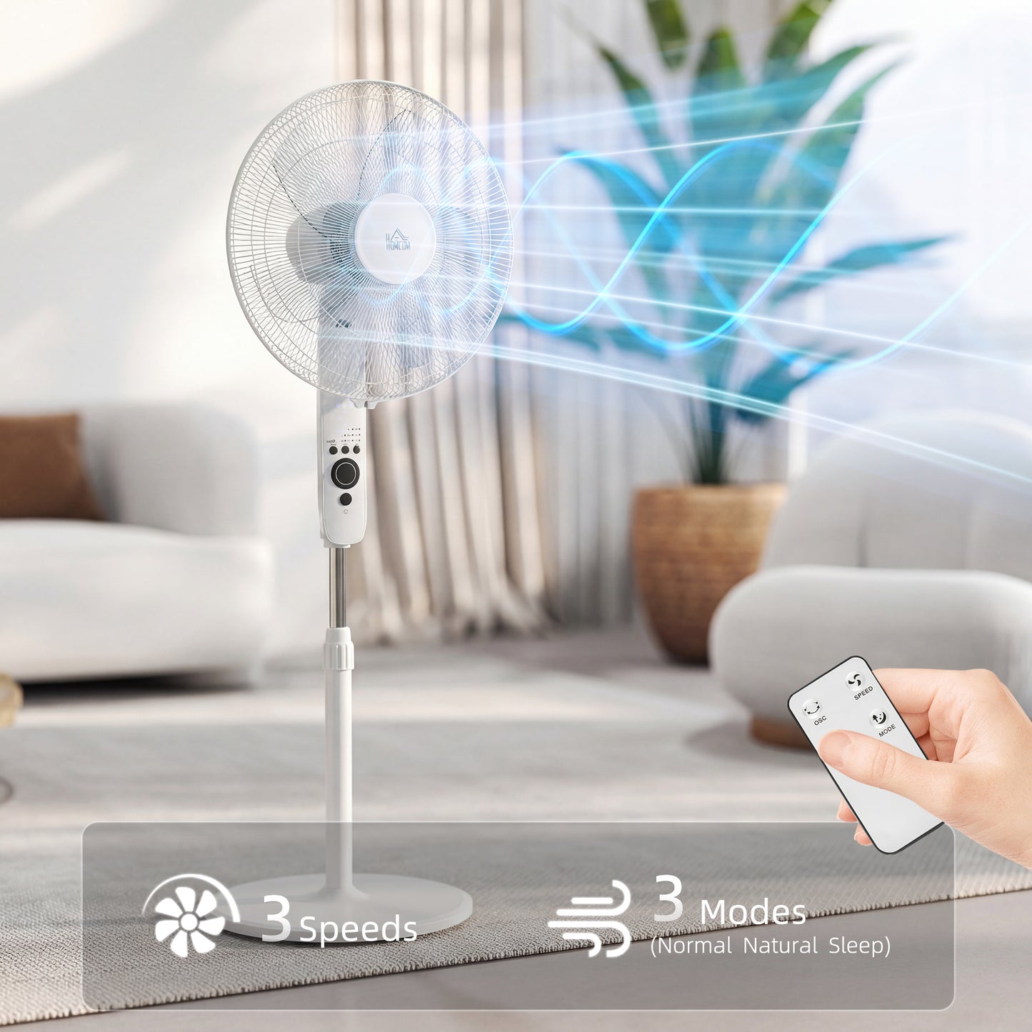 HOMCOM 18 Inch Pedestal Fan Sleep Mode Remote Control Oscillating Standing Fan 3 Speeds Adjustable Height White