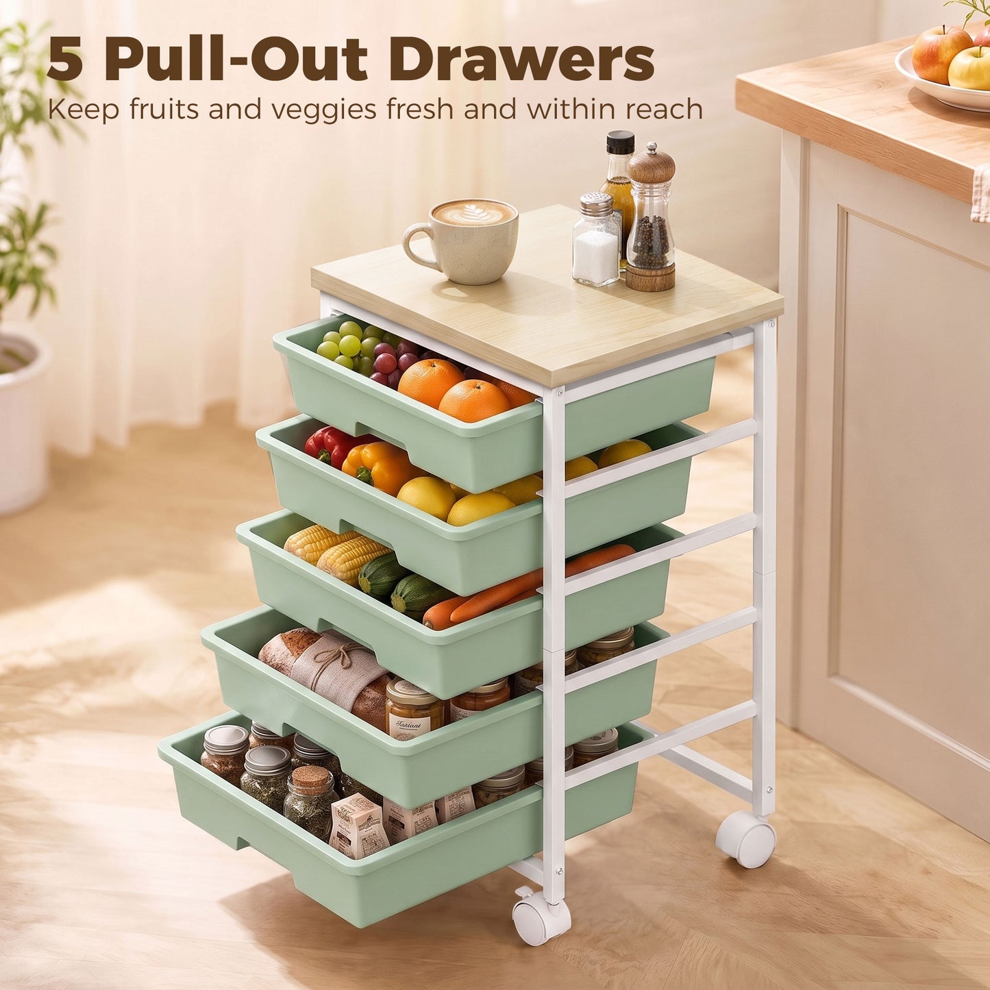 HOMCOM 6-Tier Kitchen Rolling Cart Green With 5 Drawers And Wheels