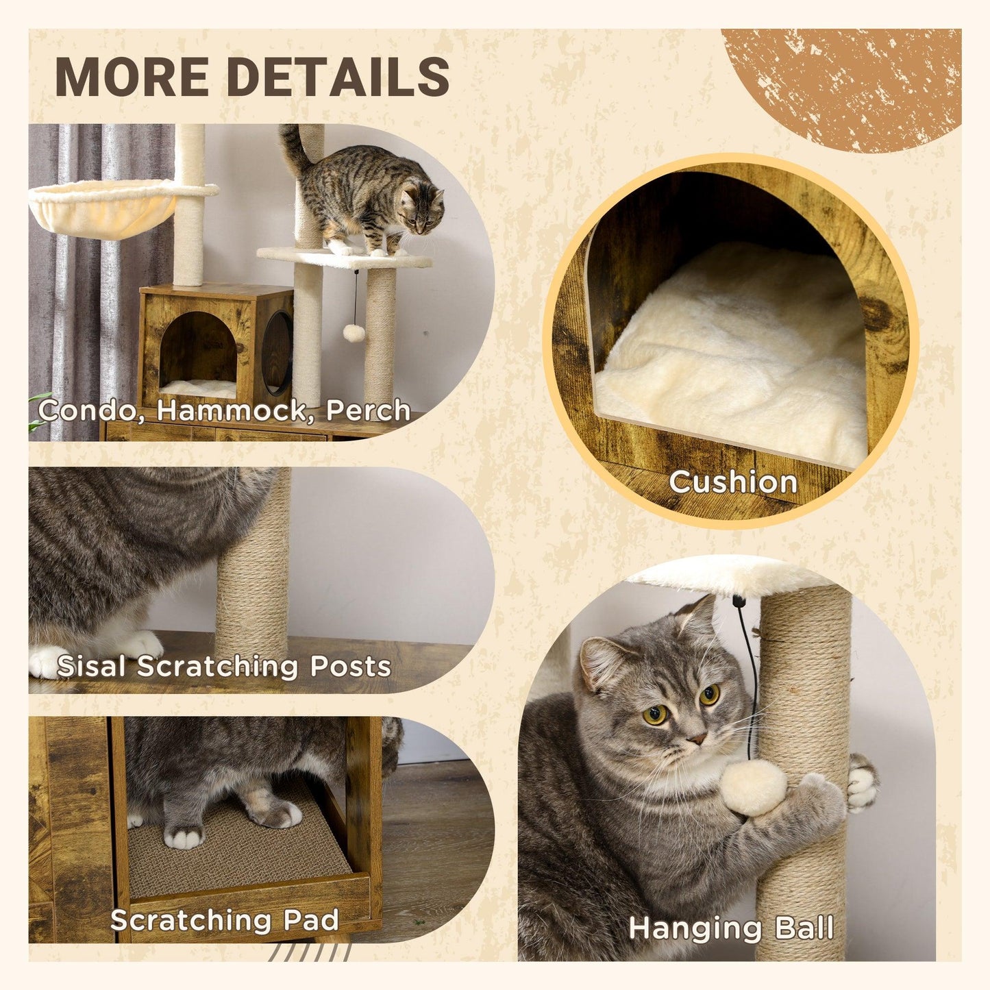 PawHut Rustic Brown Cat Litter Box Enclosure with Tree Tower, Cat House, Hammock - ALL4U RETAILER LTD