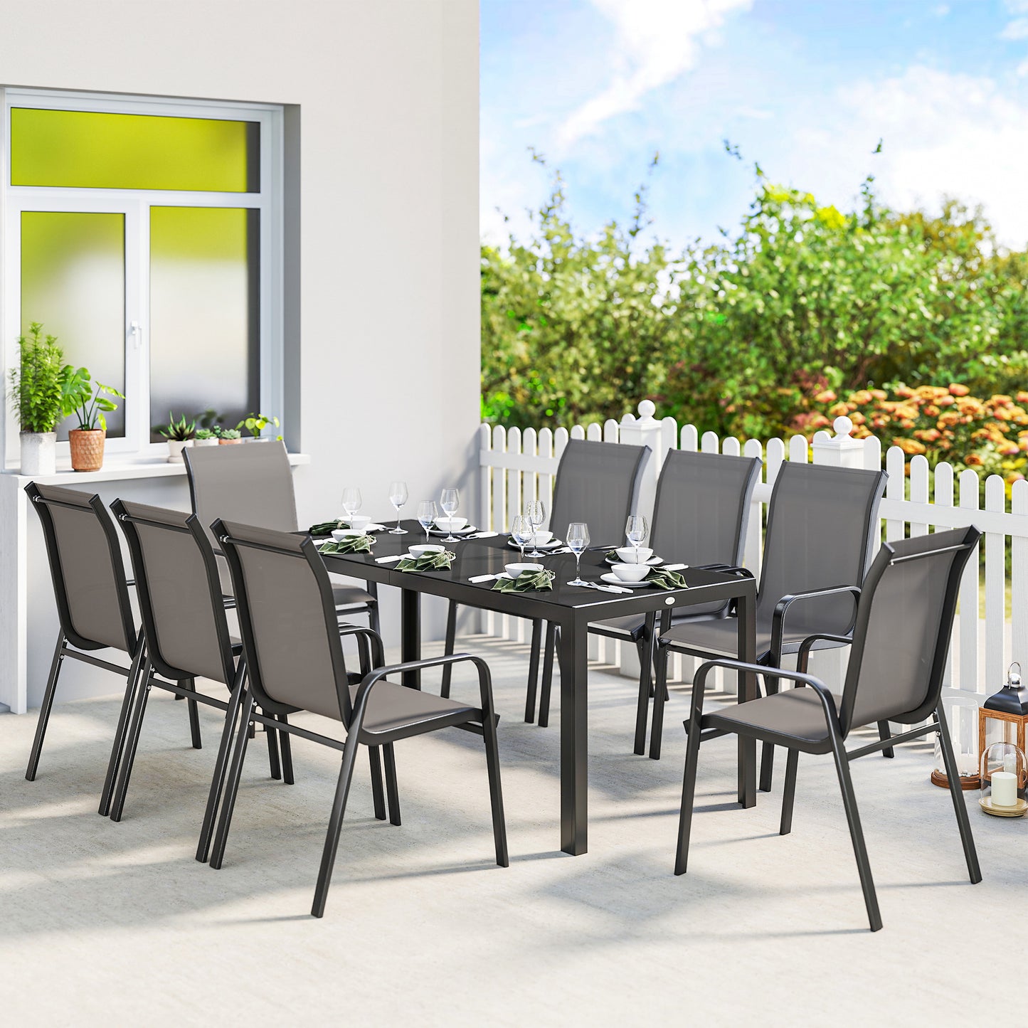 Outsunny 9 Piece Garden Dining Set for 8 with Tempered Glass Table Top Outdoor Patio Furniture in Dark Grey