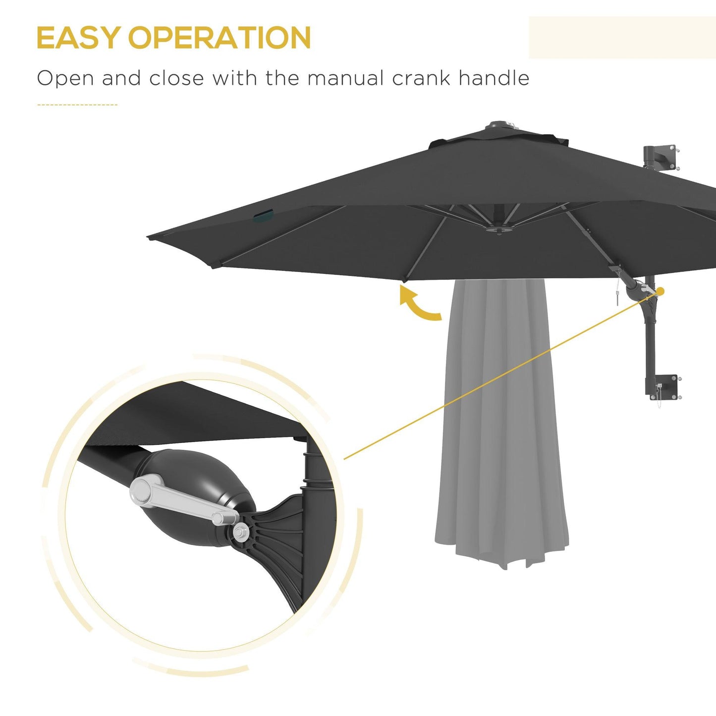 Outsunny Wall Mounted Umbrella with Vent, Garden Patio Parasol Umbrella Sun Shade Canopy, Charcoal Grey - ALL4U RETAILER LTD