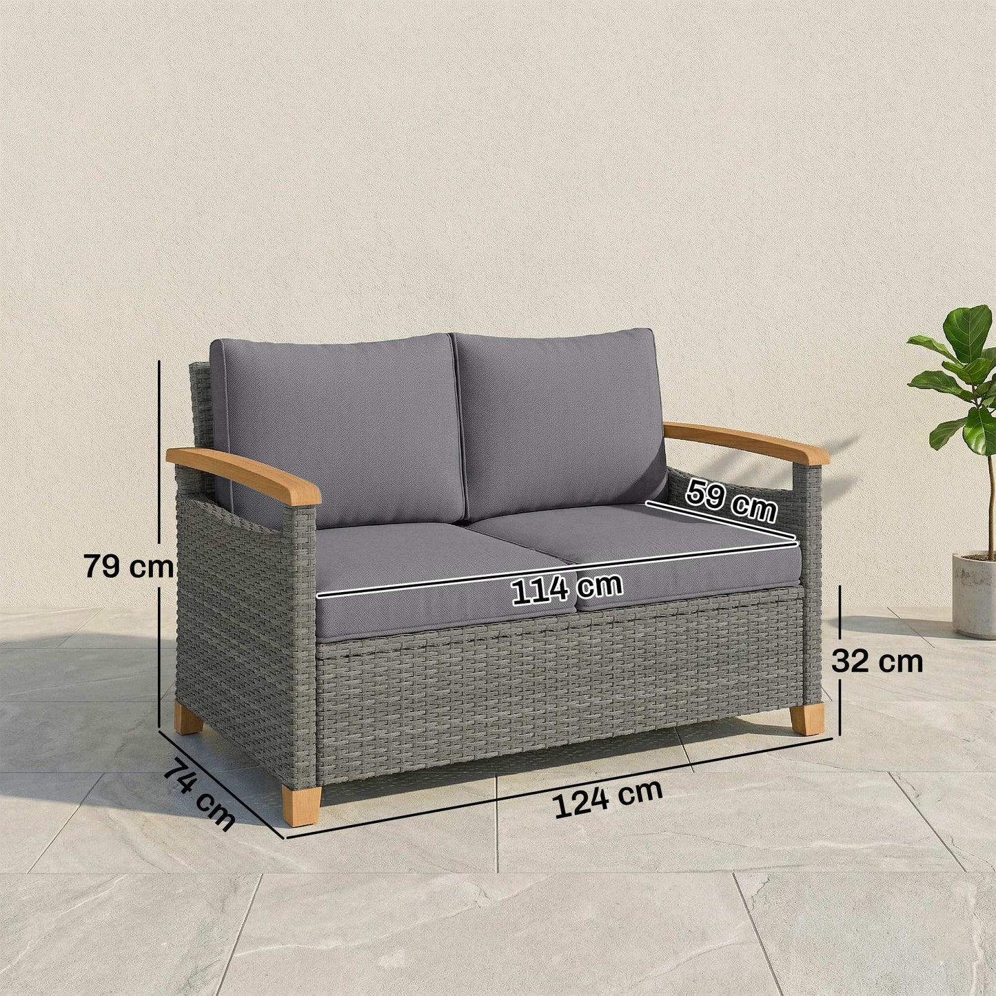 Outsunny Two Seater Rattan Garden Sofa Outdoor Sofa With Thick Cushions And Acacia Wood Armrests Dark Grey