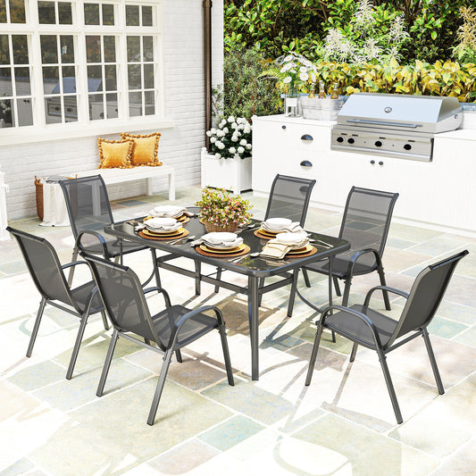 Outsunny Seven Piece Outdoor Dining Set Charcoal Grey With Round Glass Top Table Umbrella Hole Rust Resistant