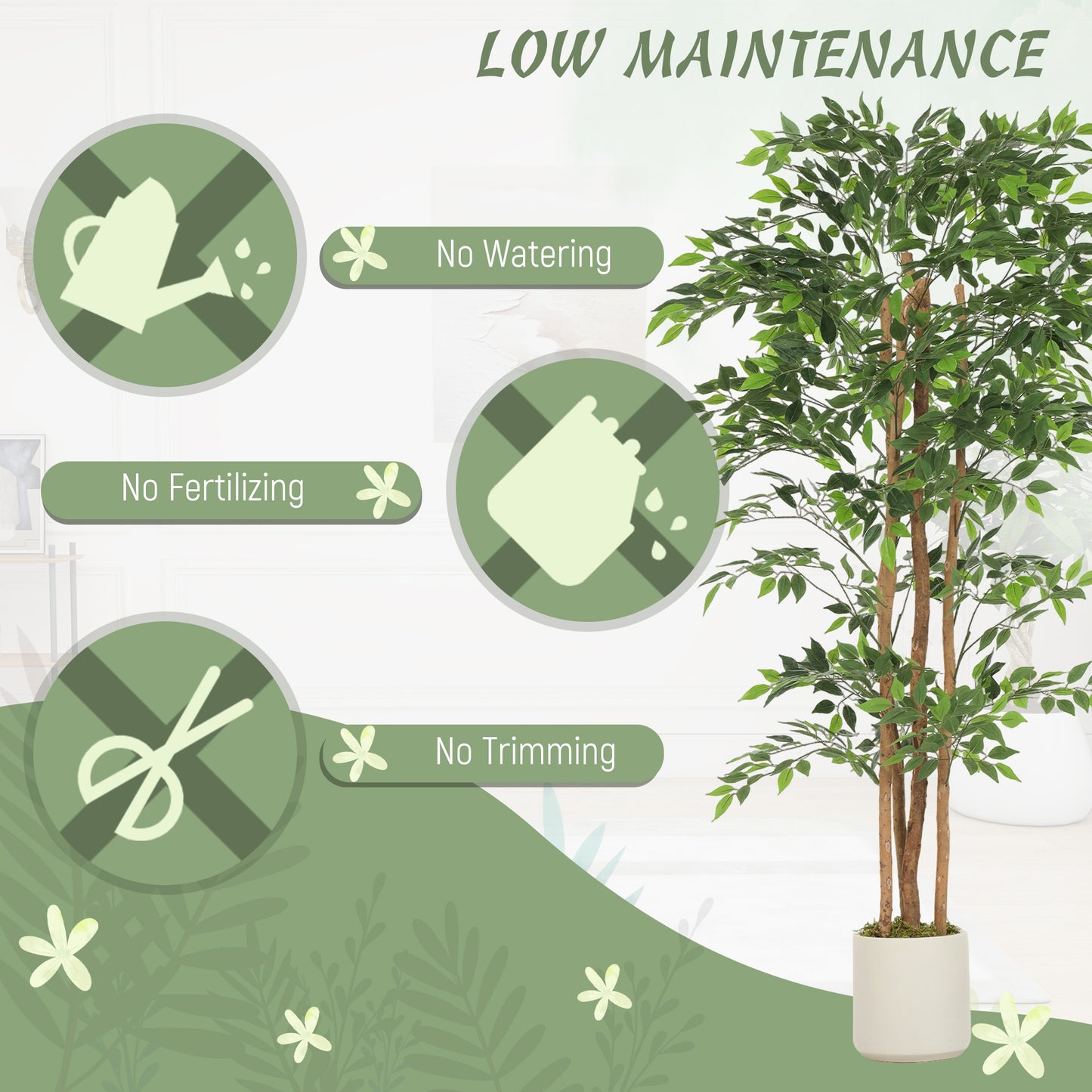 HOMCOM 180cm Artificial Ficus Tree With Solid Wood Trunk In White Pot For Indoor Decor Real Touch Leaves