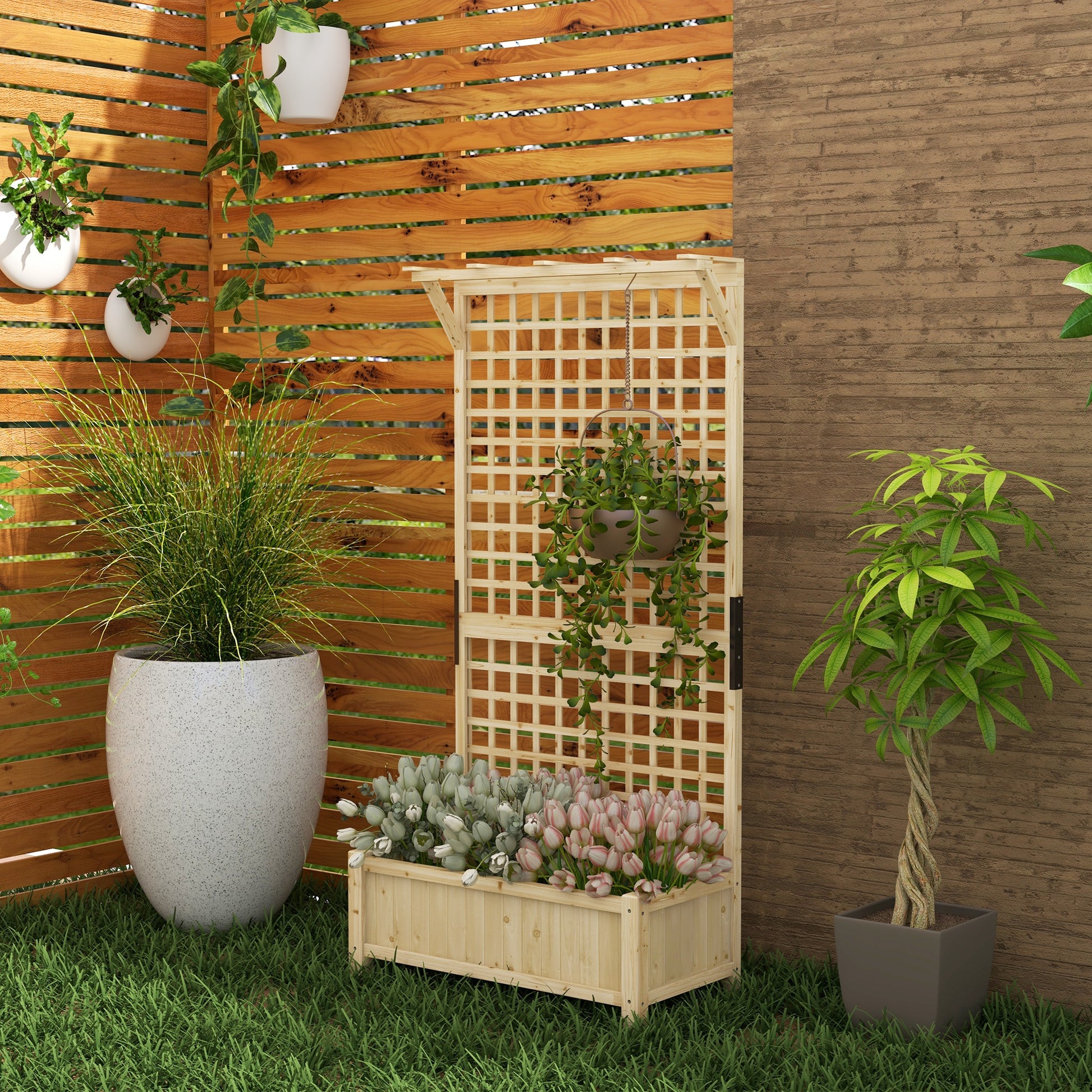 Outsunny Wooden Planter Box with Trellis & Drainage, Ideal for Growing Vegetables and Climbing Plants - ALL4U RETAILER LTD