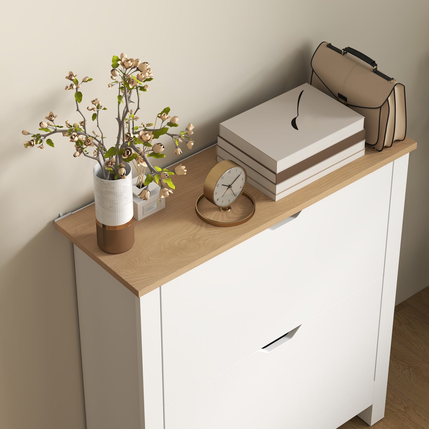 HOMCOM Slim Shoe Cabinet Narrow Cupboard With 2 Flip Drawers Adjustable Shelves For 12 Pairs High Gloss White