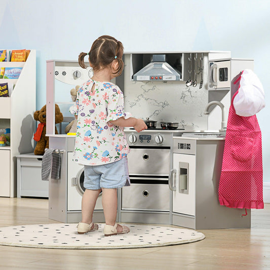 AIYAPLAY Toy Kitchen with Running Water, Lights, Sounds, Apron, Chef Hat, Water Dispenser - Grey - ALL4U RETAILER LTD