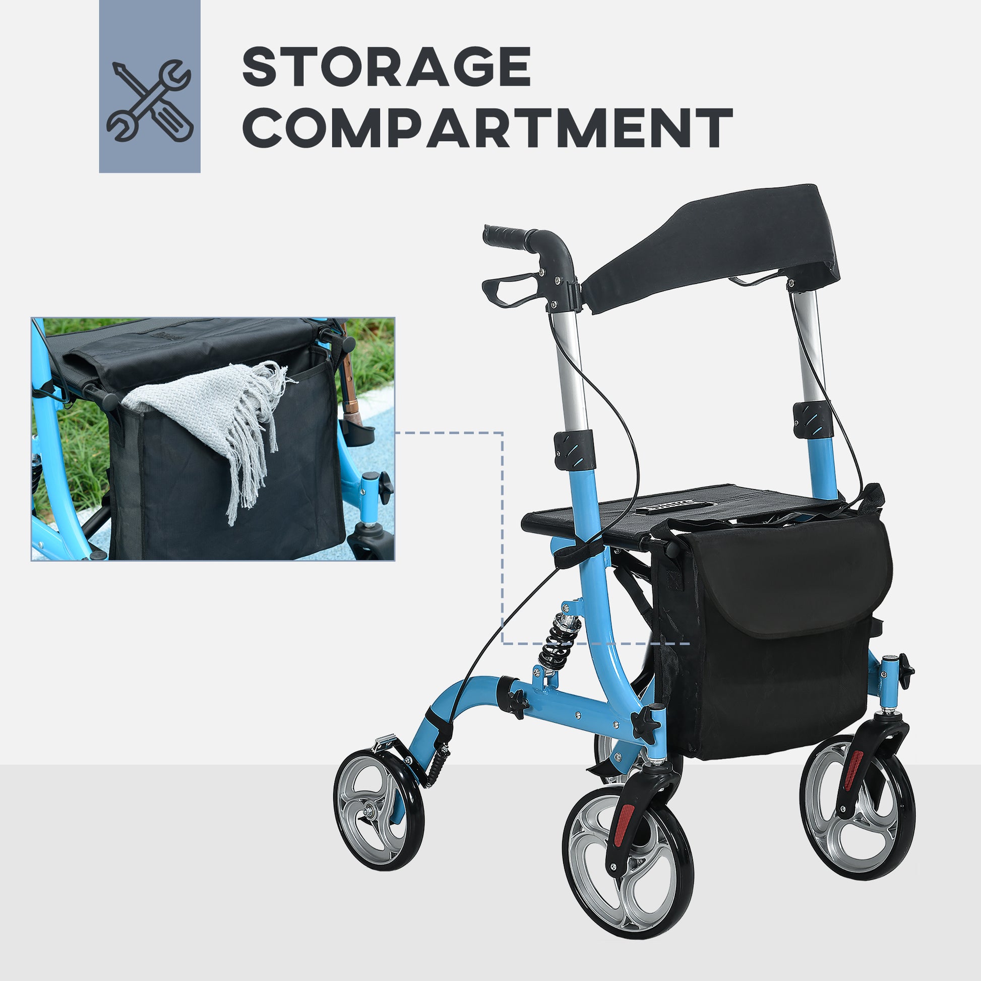 HOMCOM Lightweight Foldable Rollator with Seat & Backrest, Adjustable Height Mobility Walker with Large Wheels & Dual Brakes - Blue - ALL4U RETAILER LTD