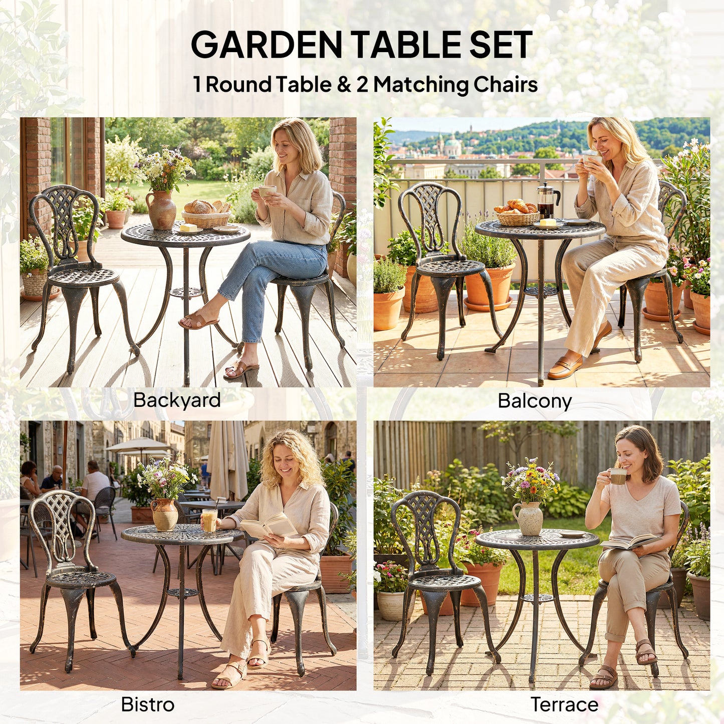 Outsunny Outdoor Bistro Set for 2 Cast Aluminum Patio Furniture Round Table with Umbrella Hole Brown