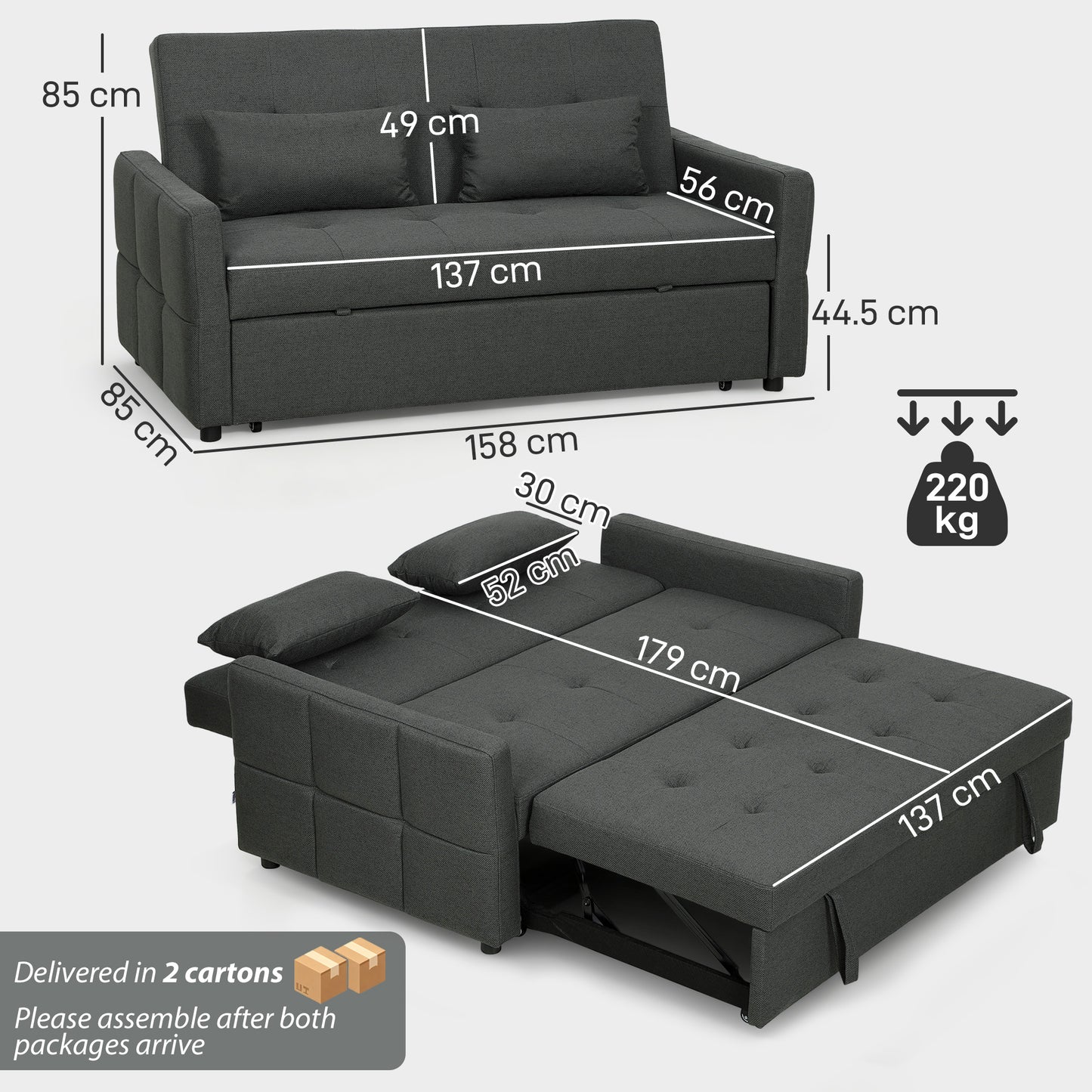 HOMCOM Three Way Two Seater Sofa Bed In Charcoal Grey With Linen Look Upholstery And High Density Foam
