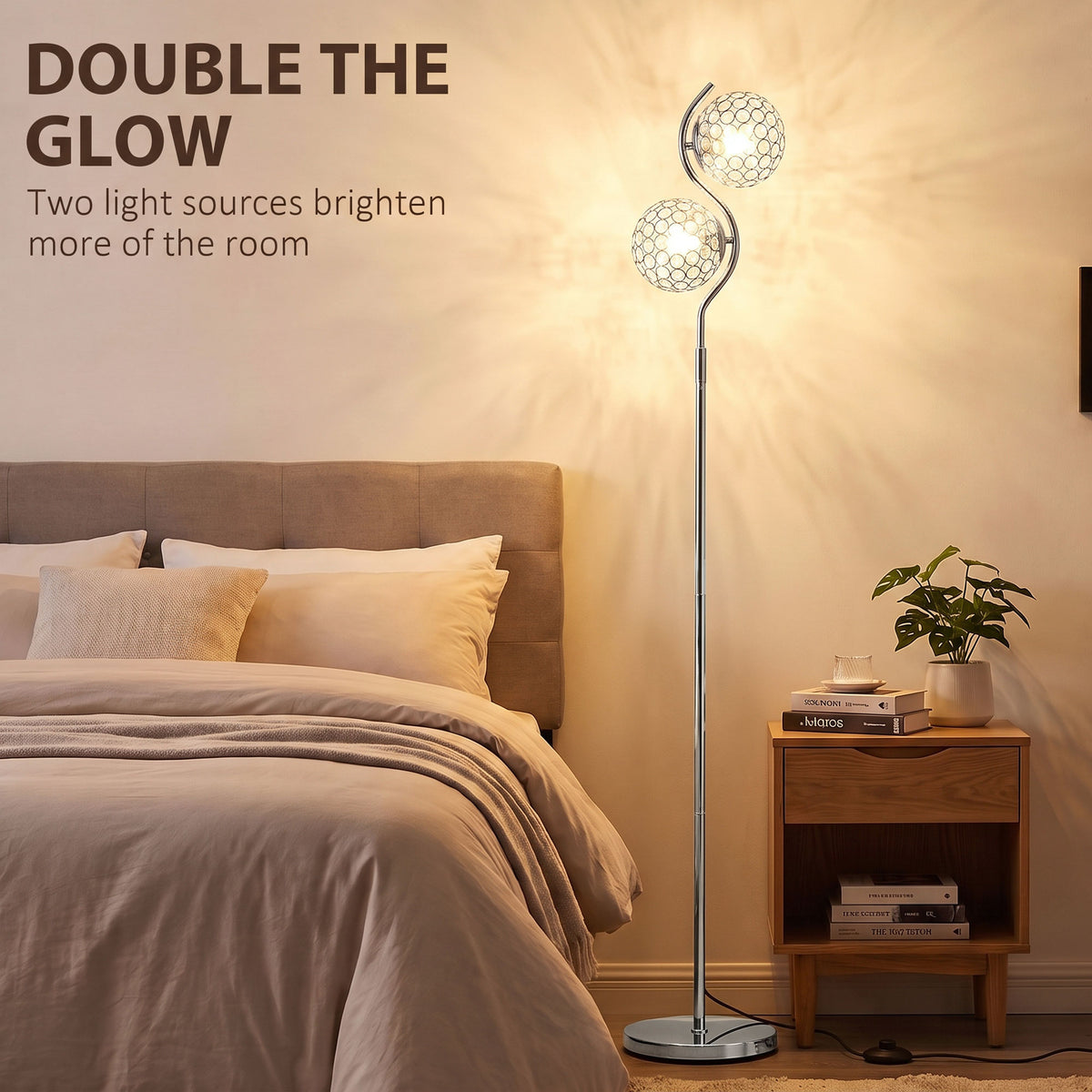 Silver dual-head floor lamp featuring two crystal globe shades with a round base.