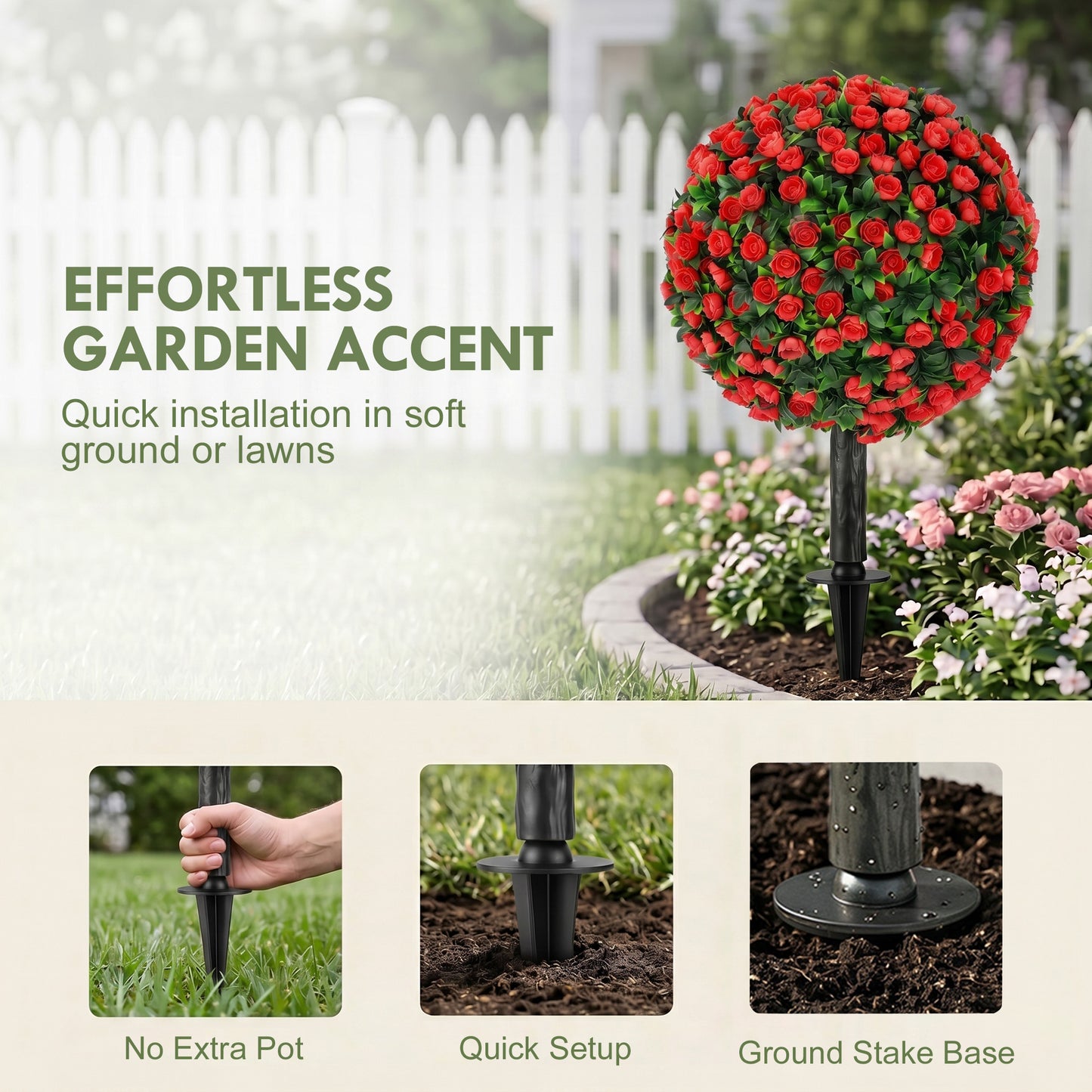 HOMCOM Artificial Rose Topiary UV Resistant Two Pack Faux Plants 55 Cm Red Outdoor Garden Decor