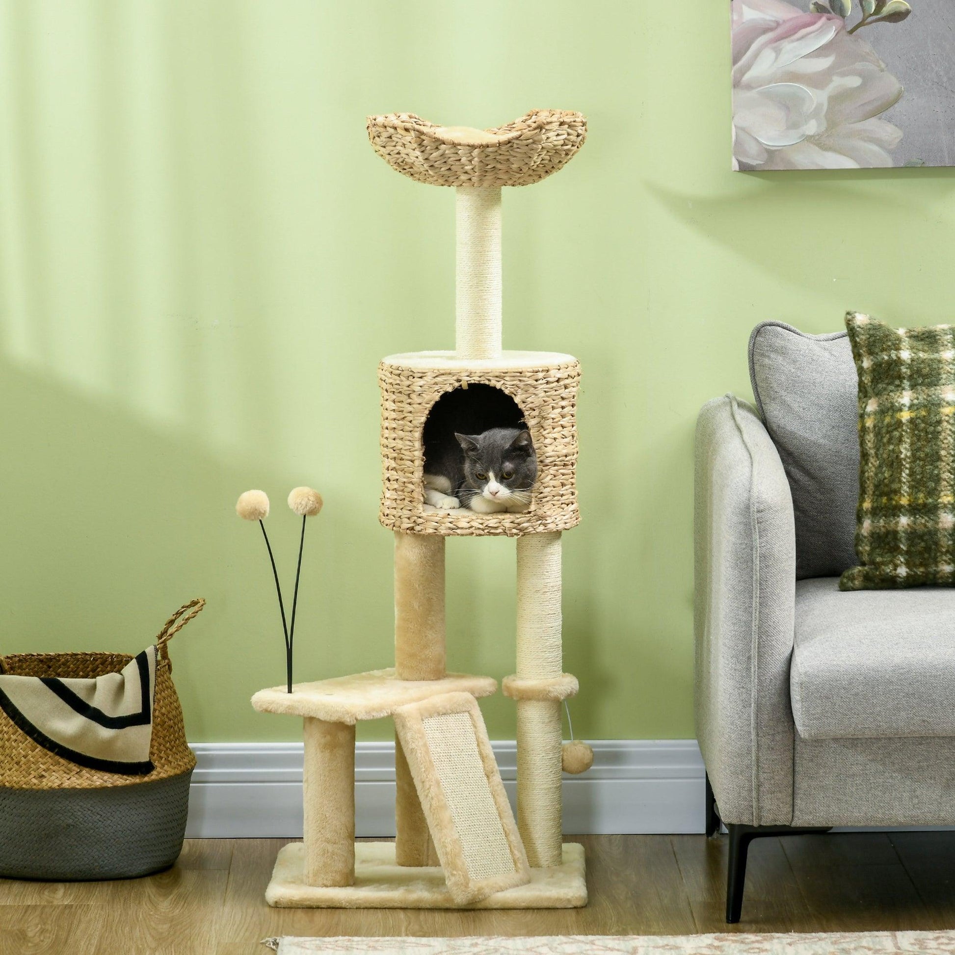 PawHut Cat Tree Tower with Scratching Post and Toy Ball - Beige - ALL4U RETAILER LTD