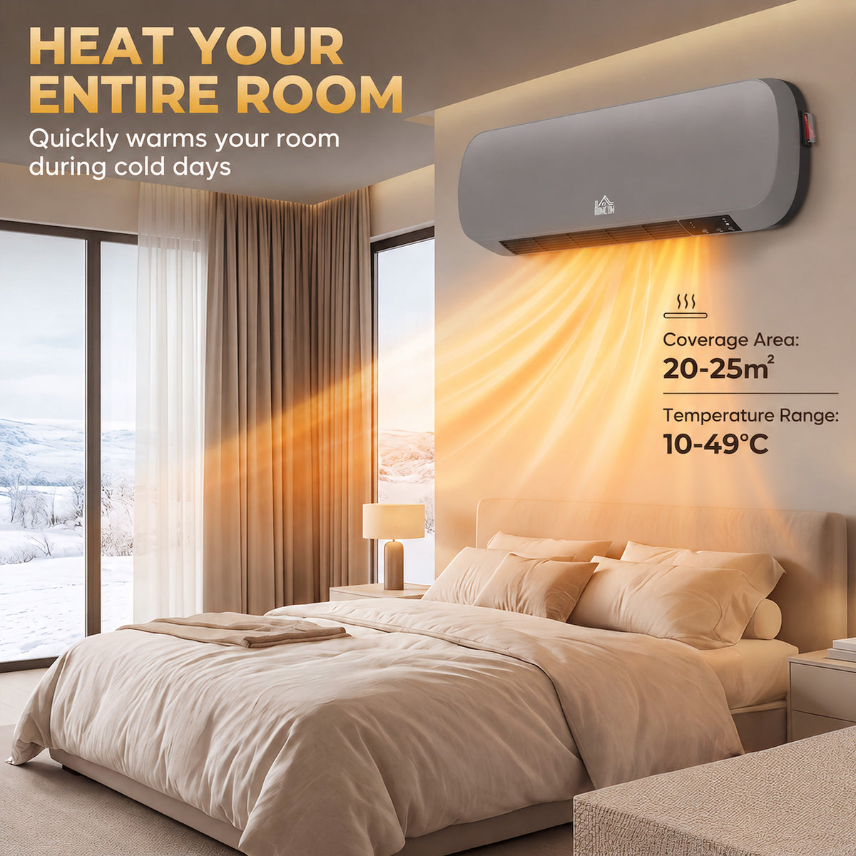 Wall-mounted gray ceramic heater above bed, producing warm heat glow from grille
