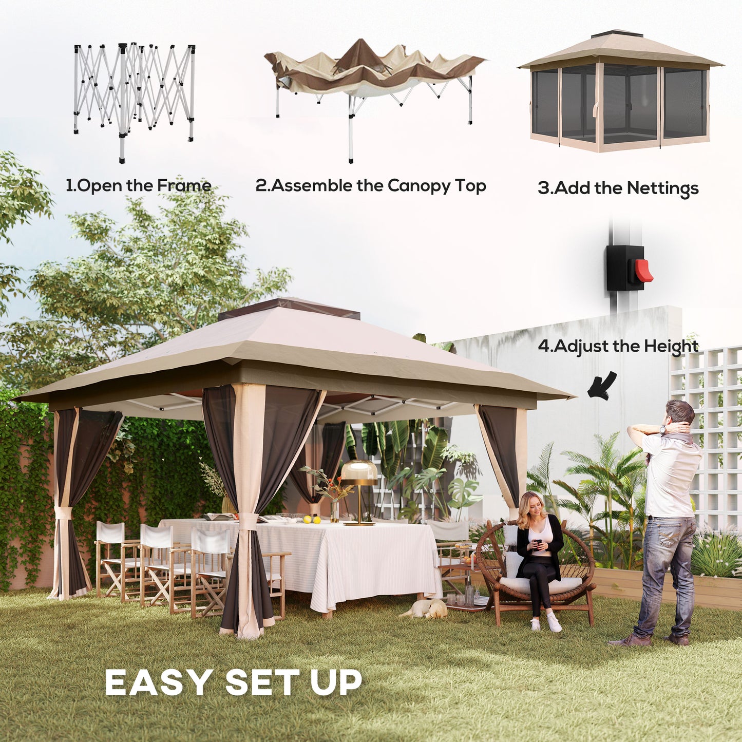 Outsunny 3.6 x 3.6m Pop Up Gazebo With Accessories Beige UPF50 Plus Canopy And Removable Mesh Lining