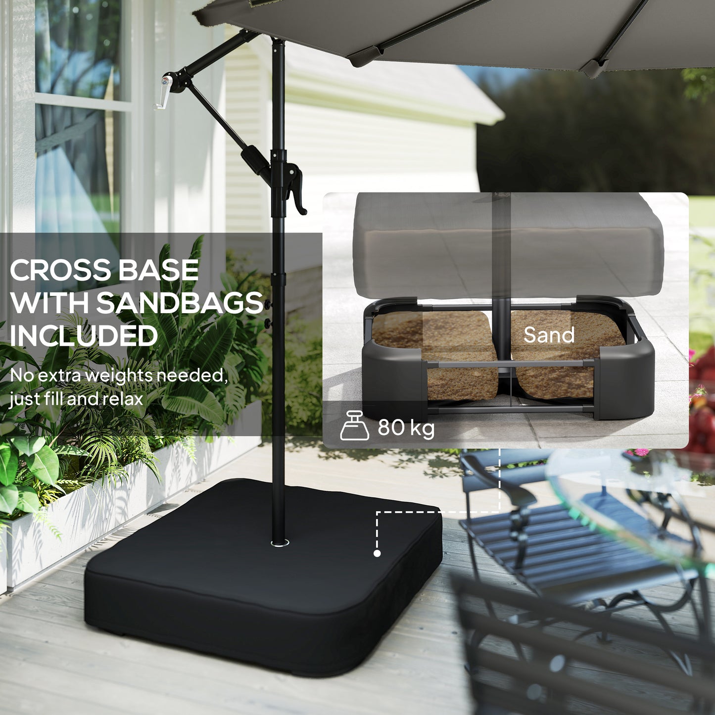 Outsunny 3 m Garden Cantilever Parasol With 80 Kg Sandbag Cross Base 360 Degree Rotation Grey