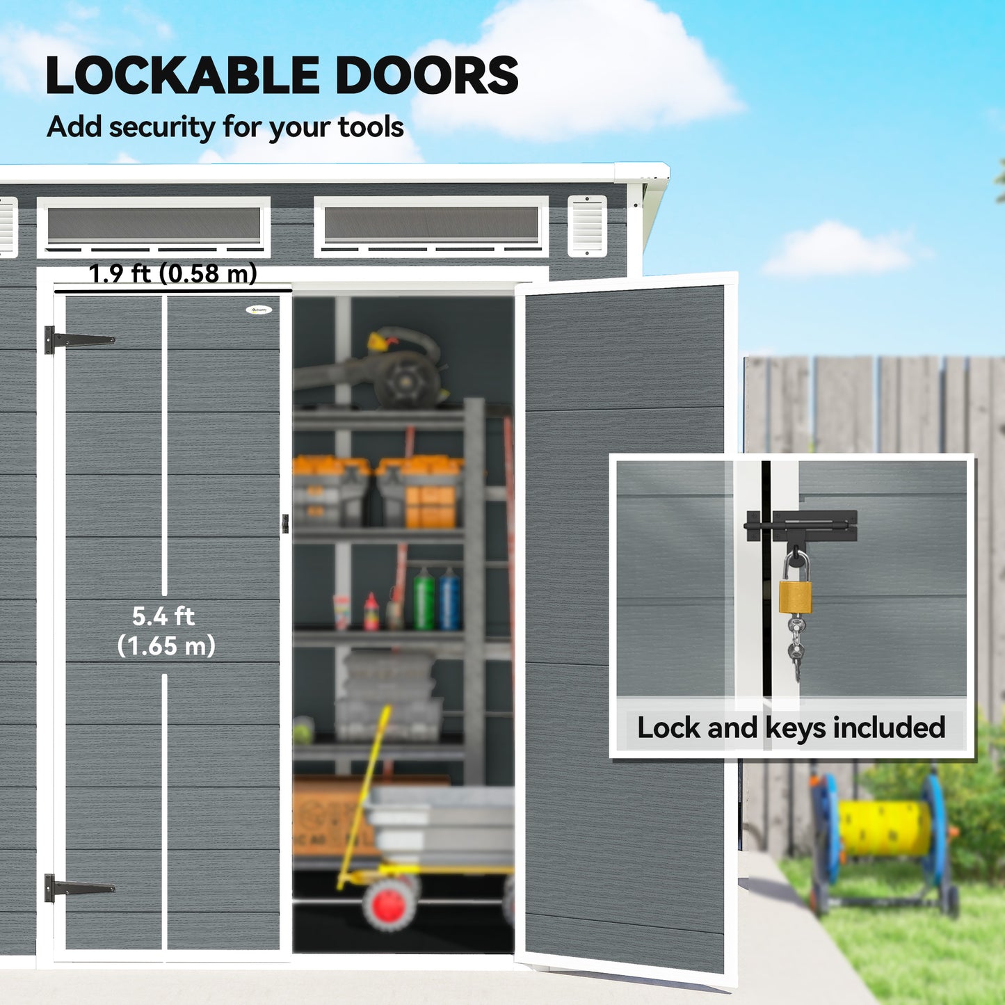Outsunny 6x6 Ft Plastic Garden Shed With Floor Two Windows Vents Lockable Double Doors Grey Wood Effect