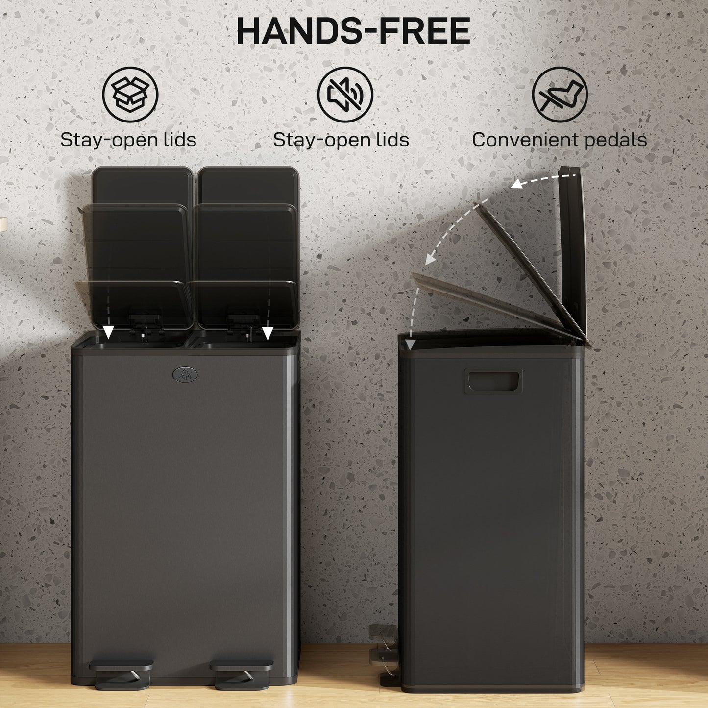 HOMCOM 56L Dual Compartment Stainless Steel Bin With Deodoriser Holders And Pedal Lid Black
