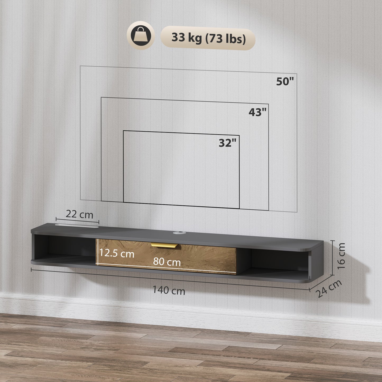 Homcom 140cm Floating Tv Stand With Storage Charcoal Wall Mounted Tv Cabinet Two Open Compartments And Cable Management