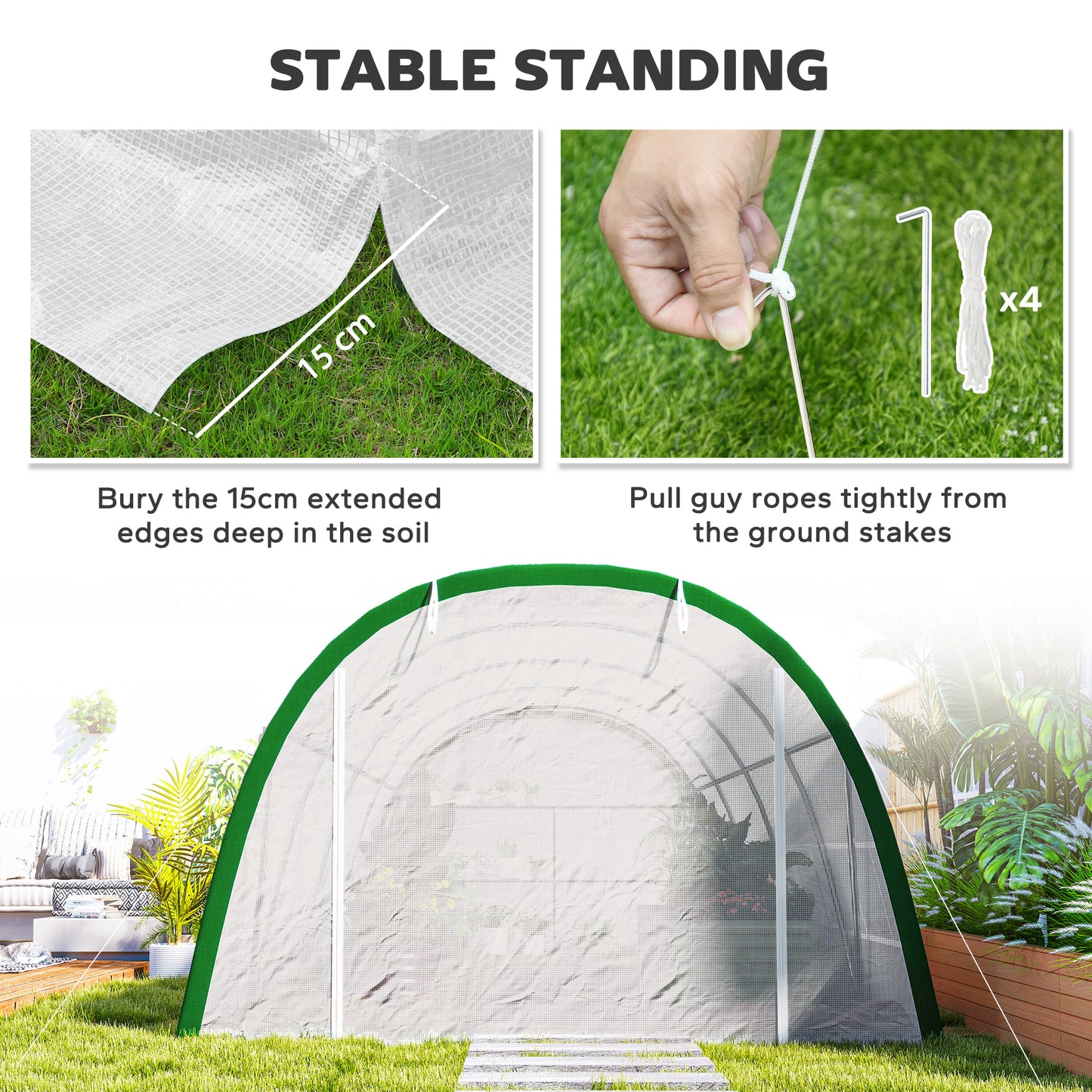 Outsunny Walk In Polytunnel Greenhouse 6 x 3 m With Zipped Doors 8 Mesh Windows PE Cover White