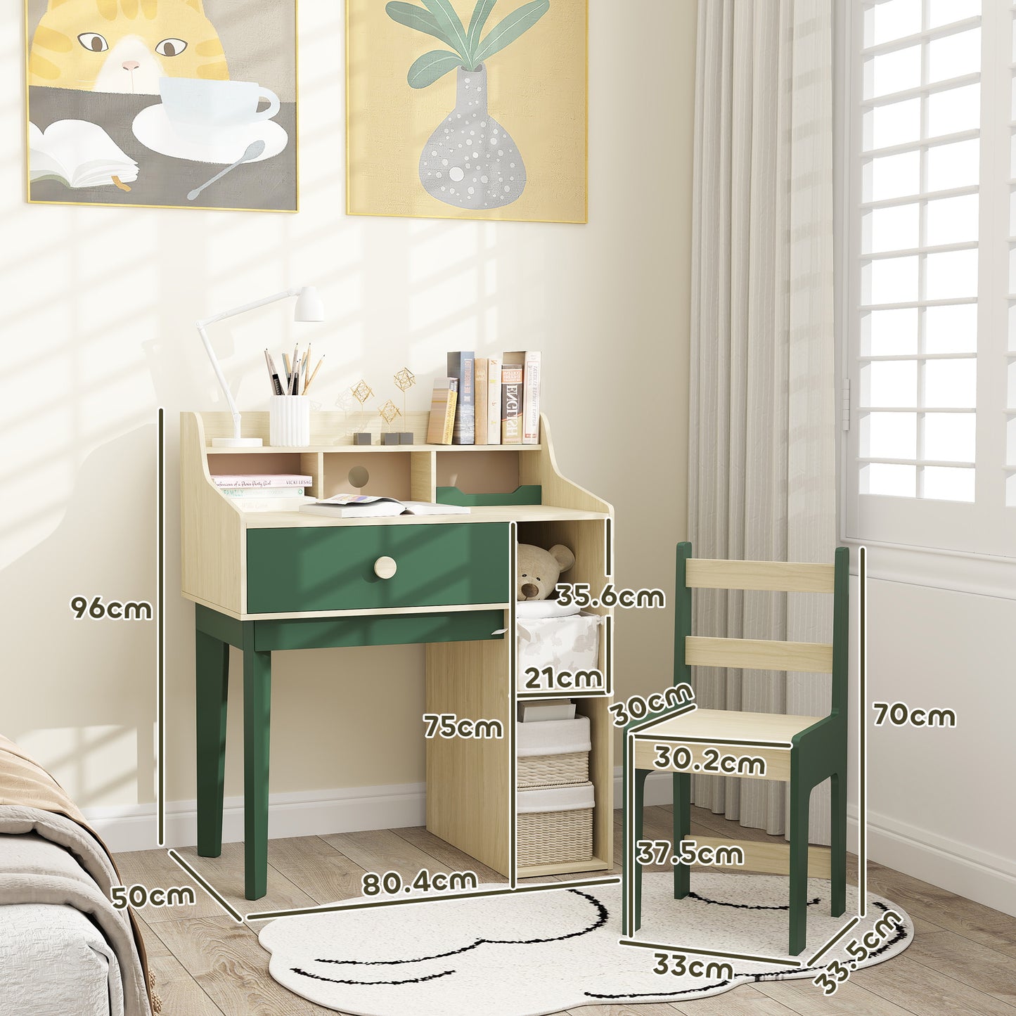 AIYAPLAY Kids Desk and Chair Set with Storage Shelves and Drawer in Green for Homework and Creative Play