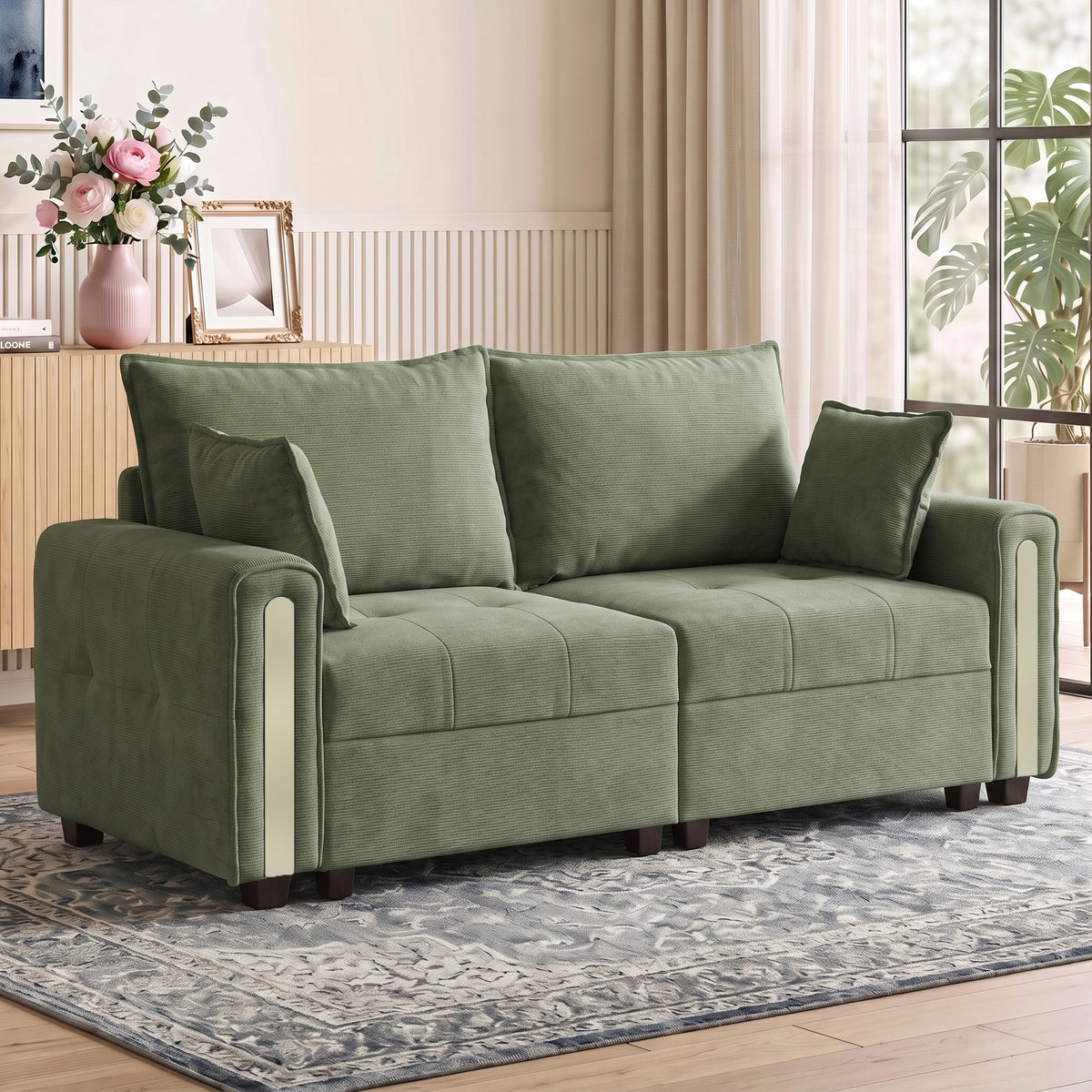Dark green velvet loveseat sofa with squared back, accent pillows, and block feet
