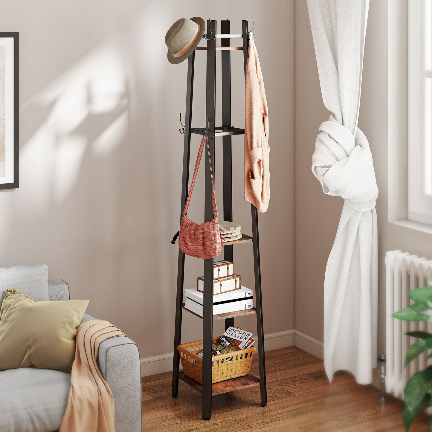 HOMCOM Industrial Style Four Shelf Coat Stand with Eight Hooks for Entryway Organization Brown and Black