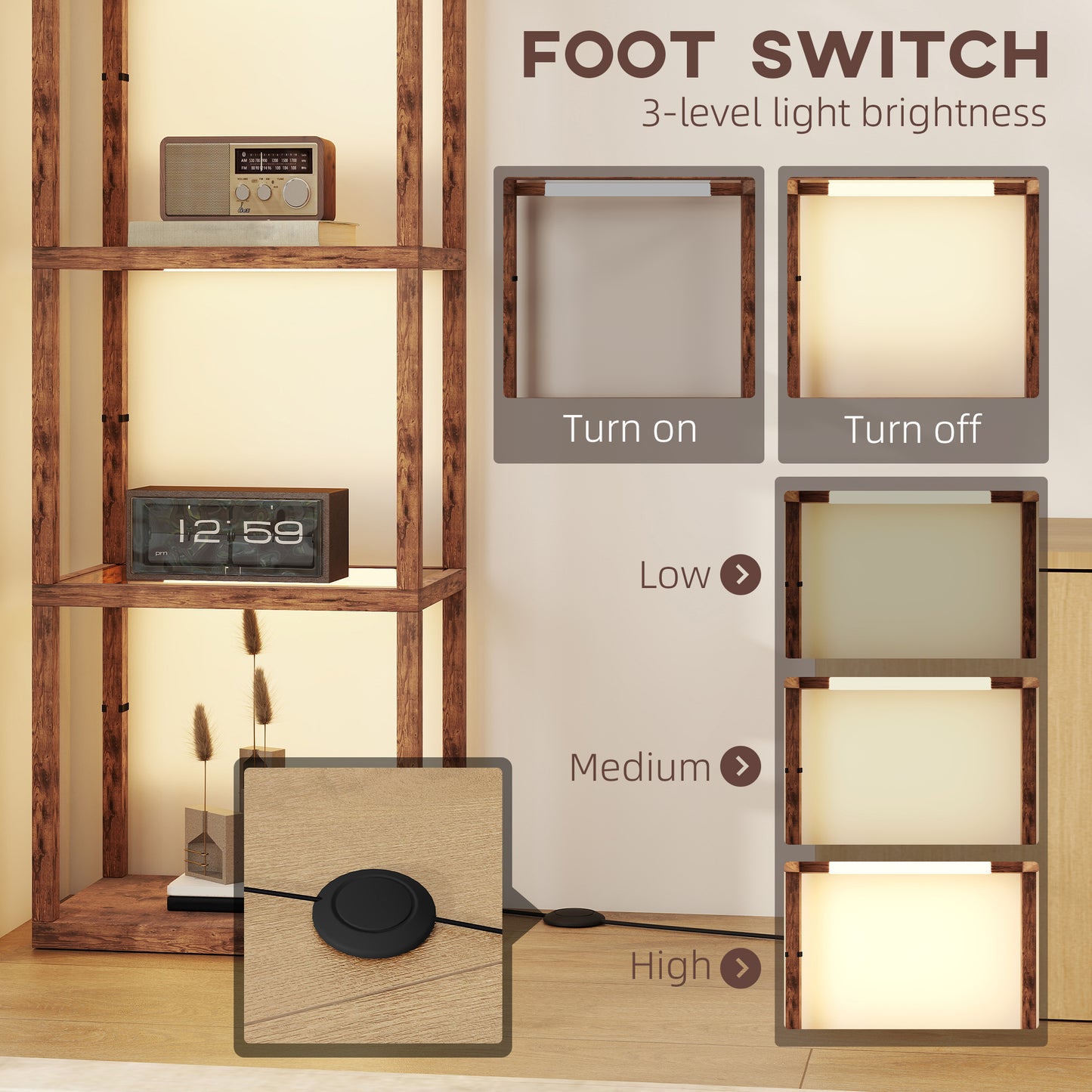 Homcom Four-Shelf Floor Lamp With Rustic Brown Finish Tempered Glass Shelves Warm White LEDs Three Brightness Levels