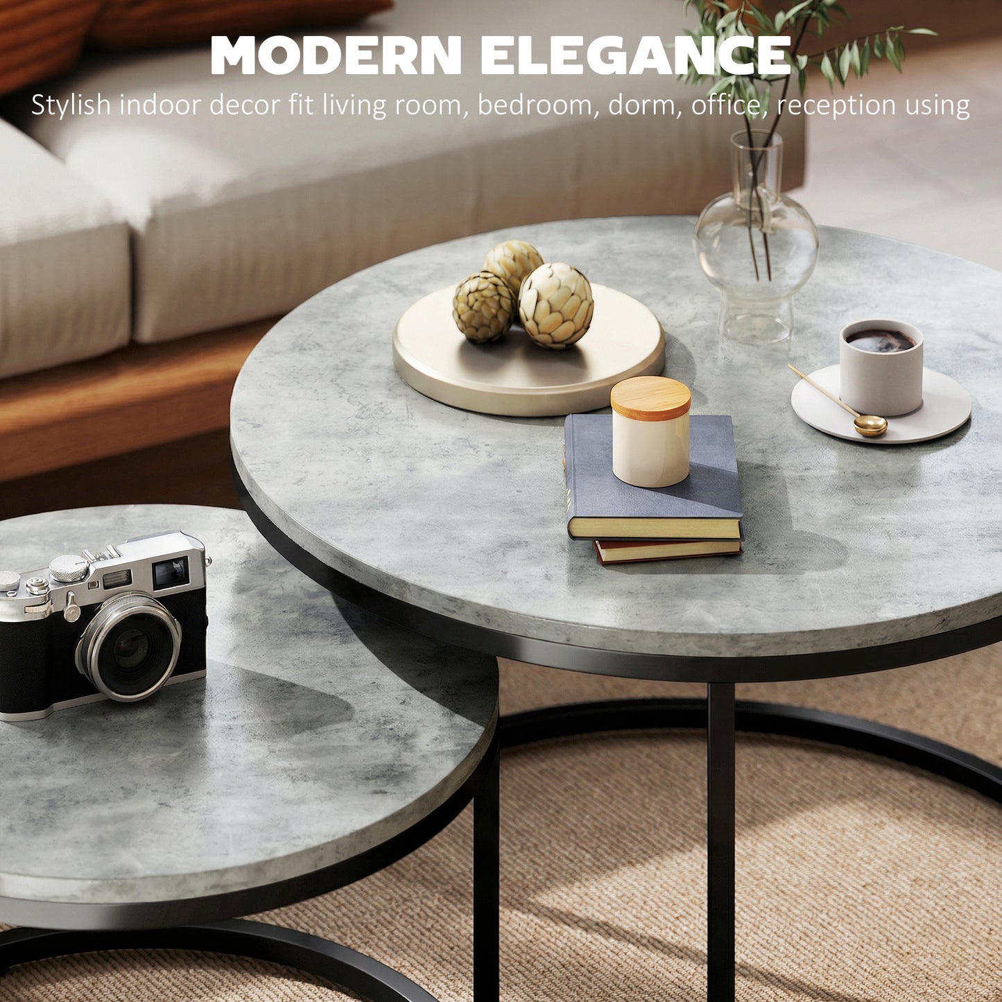 HOMCOM Cement Effect Stacking Tables Two Piece Set In Grey For Space Saving Overlapping Design