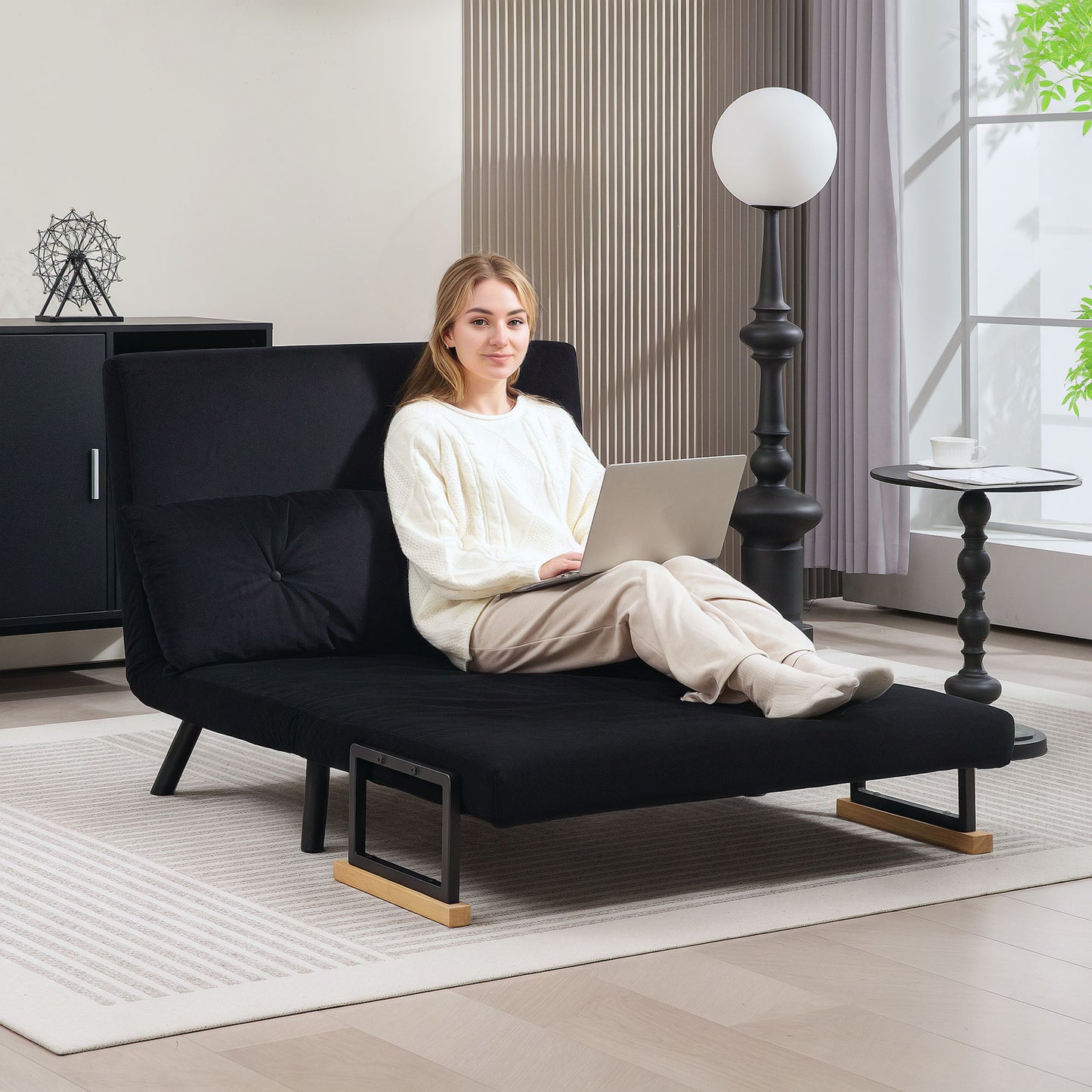 HOMCOM 4-In-1 Velvet-Feel Double Sofa Bed With Pillows Black Steel Frame Five-Position Backrest Cushioned For Comfort