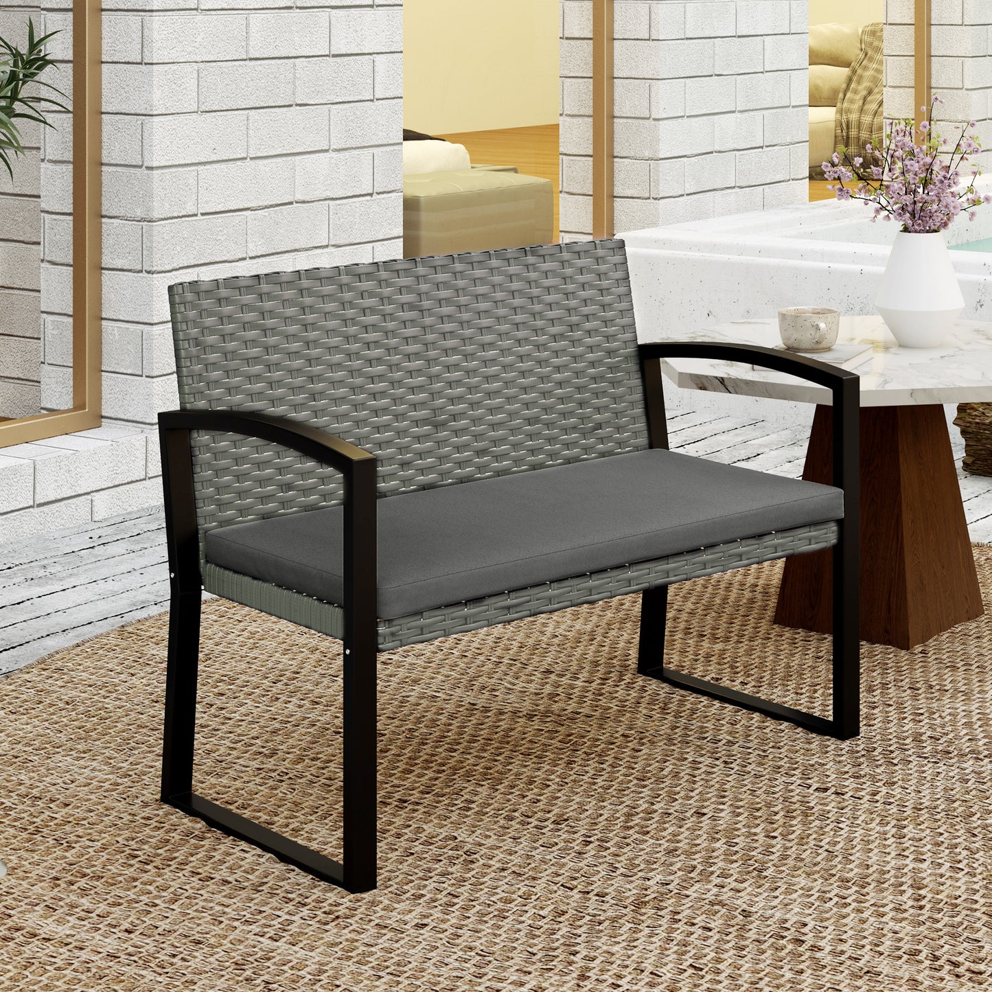 Outsunny Two Seater Rattan Garden Bench with Cushioned Seat and Light Grey Finish