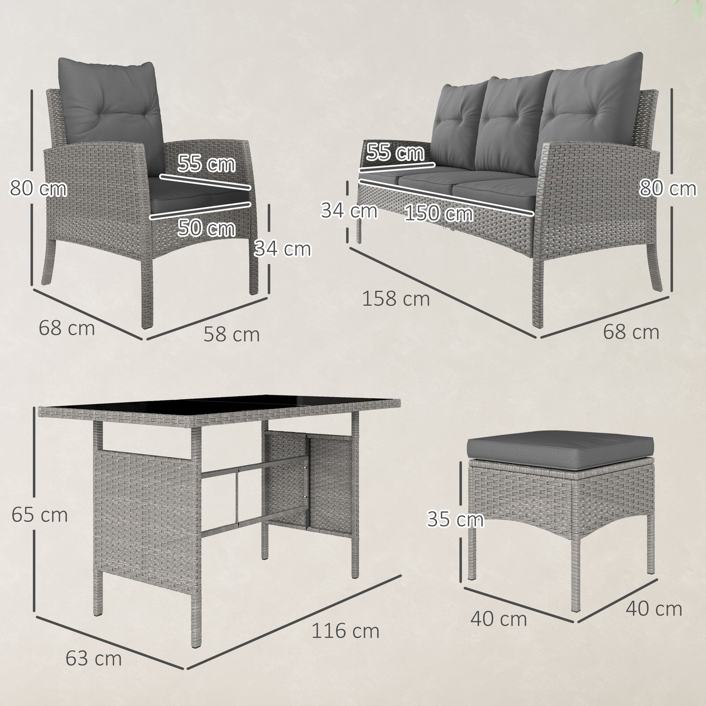 Outsunny 7 Seater Rattan Garden Furniture Set Grey With Glass Table 6 Piece Patio Dining Set Armchairs Sofa Footstools
