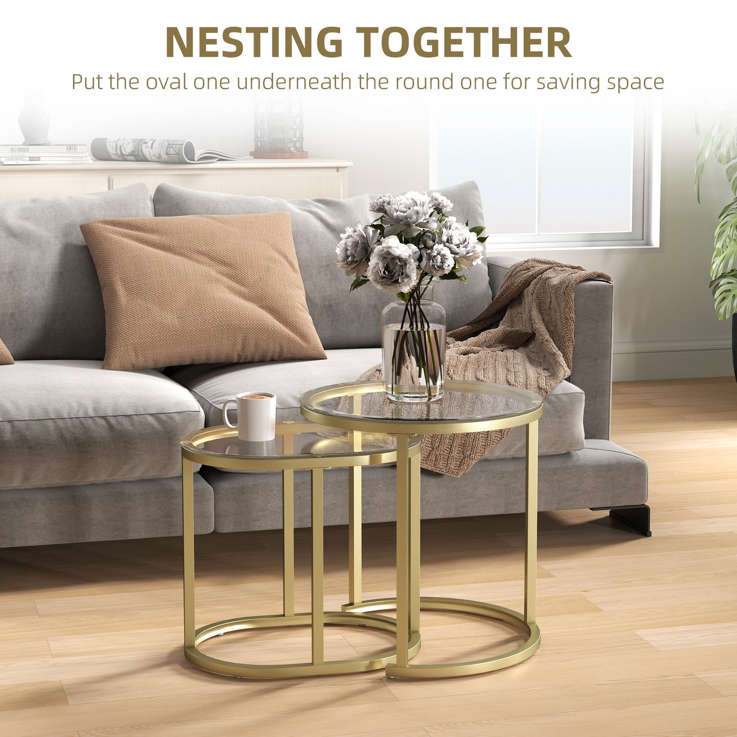 HOMCOM Modern Coffee Tables Set Of 2 Nesting Tables With Steel Frame And Tempered Clear Glass Tops For Living Room