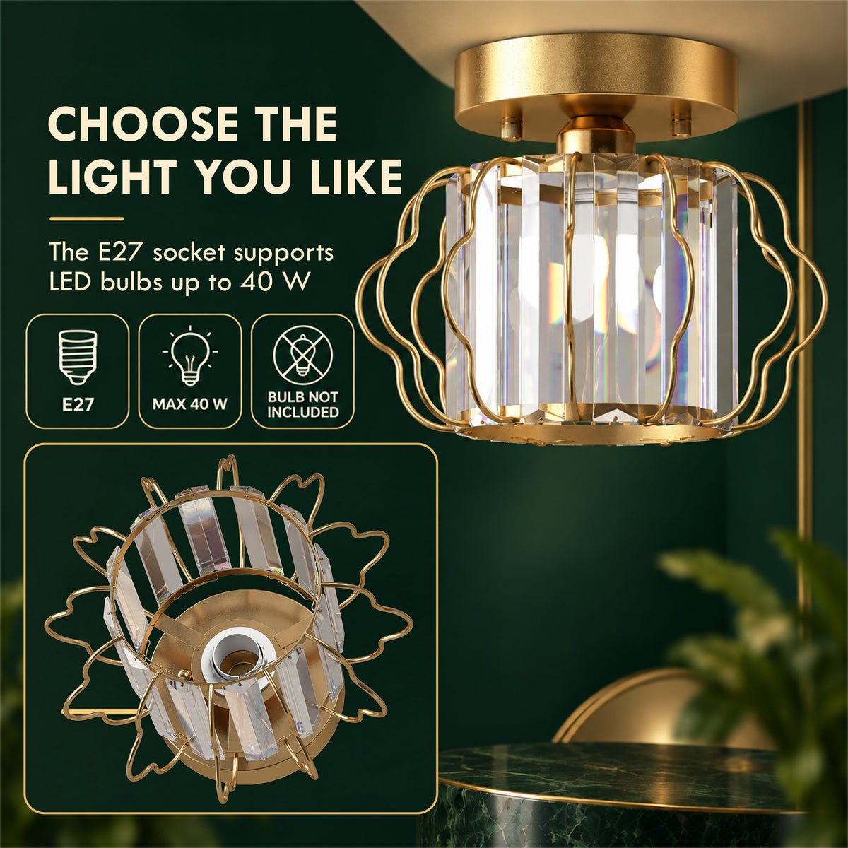 Gold semi-flush ceiling light close-up with clear crystal bars and decorative metal frame