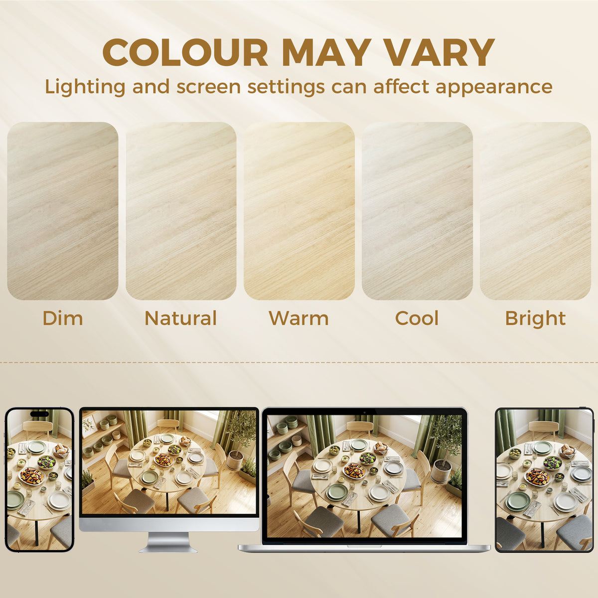 Dining table finish color swatches in light wood tones