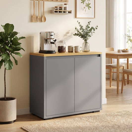 Grey sideboard cabinet with two doors and flat top, suitable for dining or living room storage
