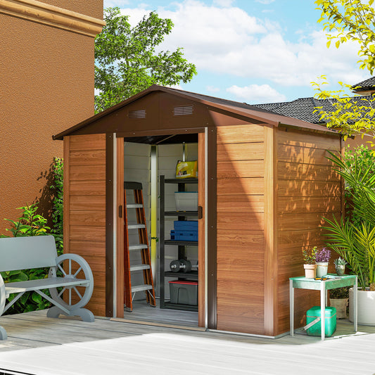 Outsunny 6x8 Ft Galvanised Steel Shed With Brown Wood Effect And Sliding Doors For Outdoor Garden Storage