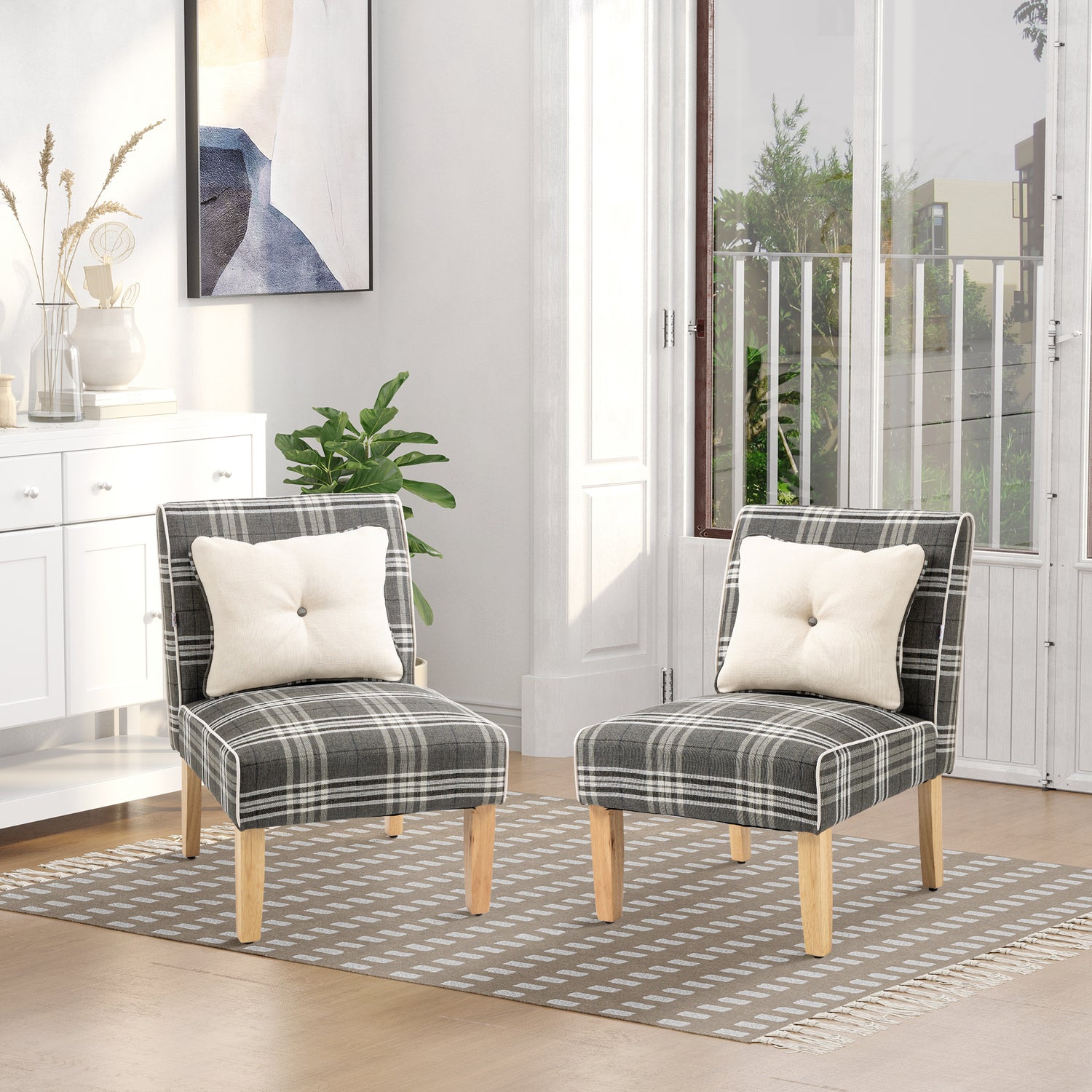 HOMCOM Contemporary Set of 2 Accent Dining Chairs with Checked Upholstery and Cushions, Rubber Wood Legs, Ideal for Kitchen and Living Room, Grey - ALL4U RETAILER LTD