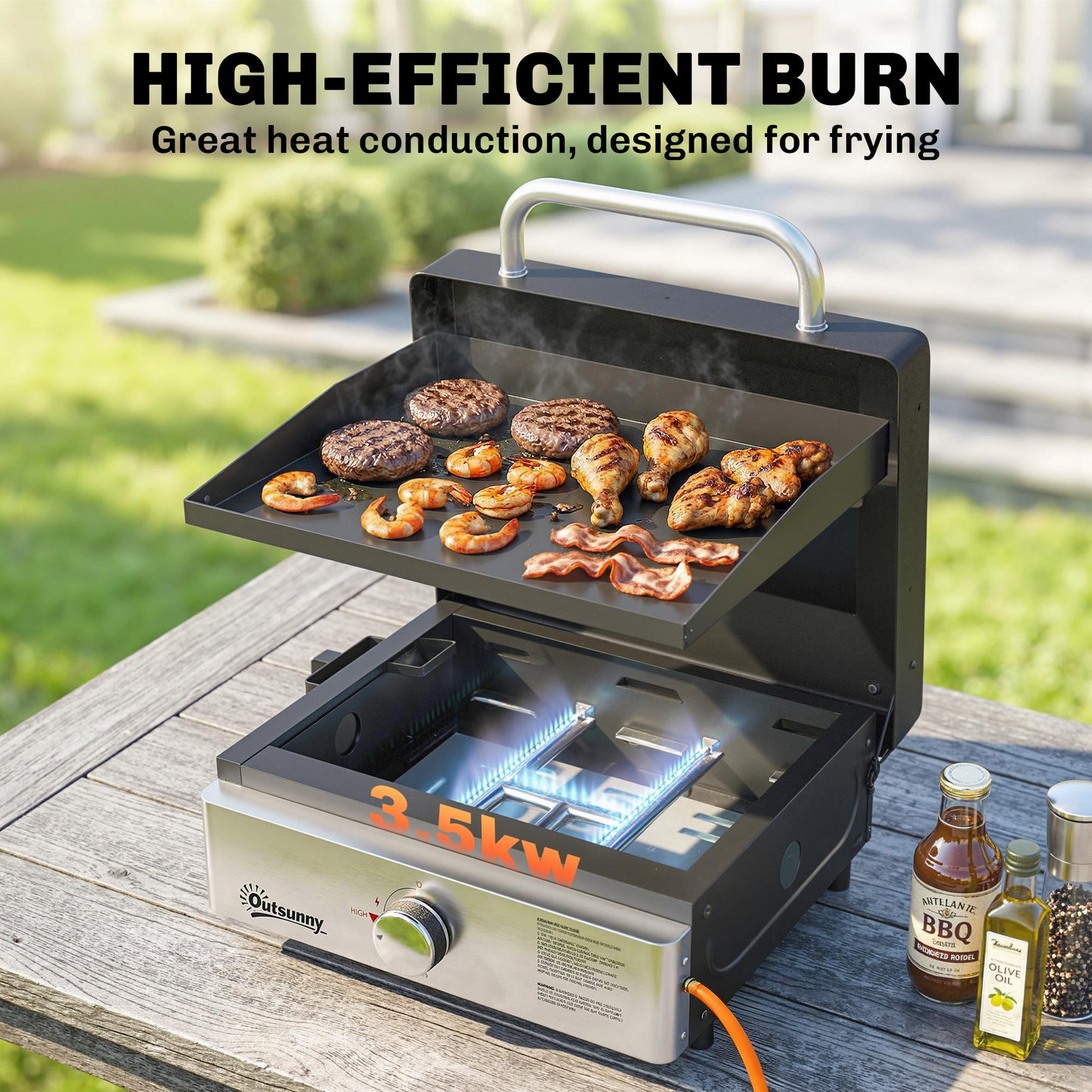 Outsunny Grill Griddle Portable Gas Plancha 3.5 Kw Tabletop BBQ with Grease Cup for Camping Picnics Patios Black