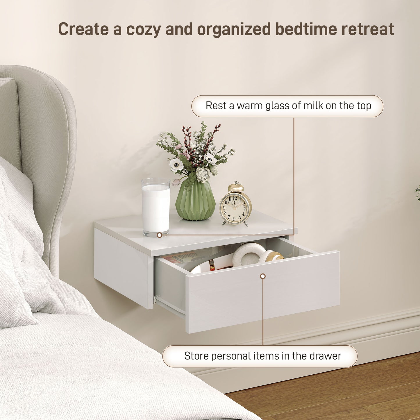 HOMCOM Floating Bedside Tables Set Of 2 Wall Mounted Nightstands With High Gloss White Finish And Storage Drawer