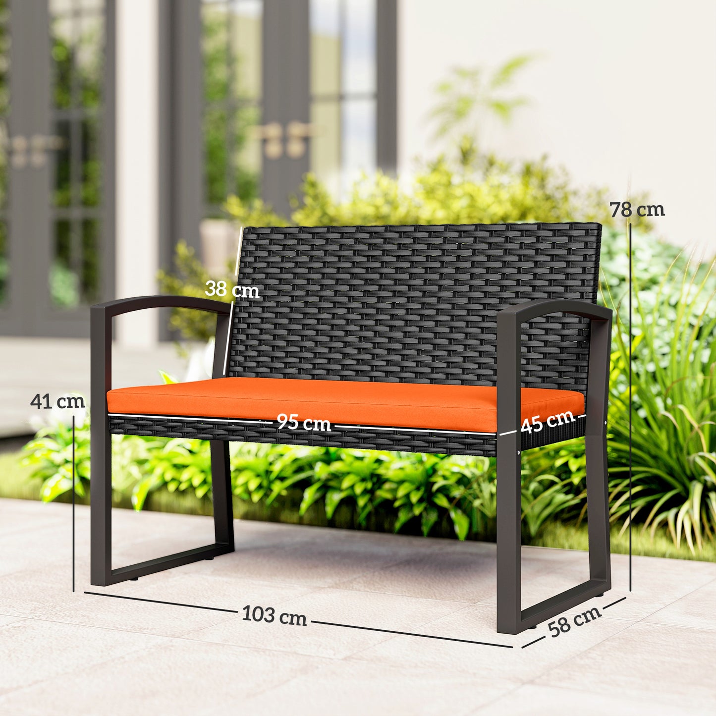 Outsunny Two Seater Rattan Garden Bench With Cushioned Seat Orange Powder Coated Steel Frame