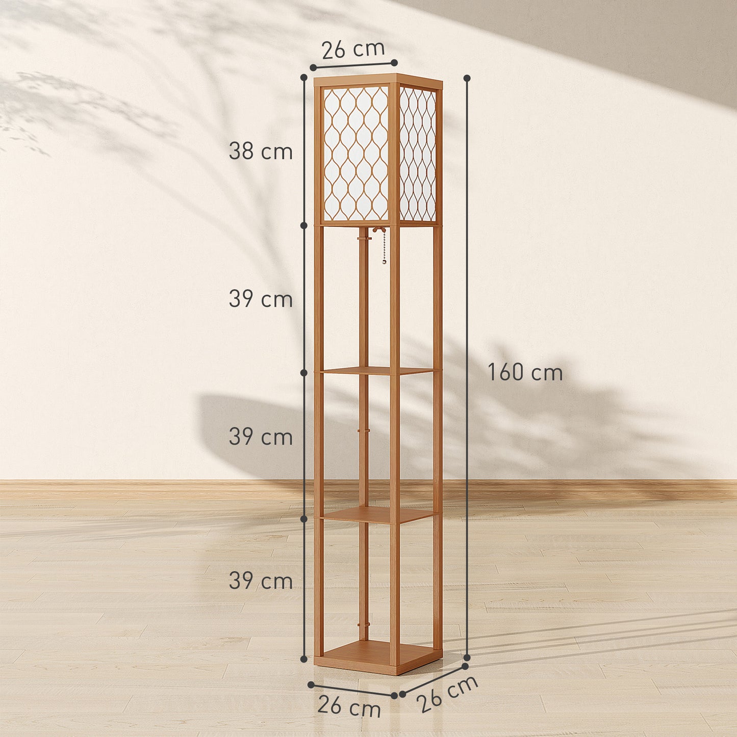 HOMCOM Three Shelf Standing Lamp Natural Wood Finish Tall Narrow Design With Overhead Reading Light And Storage